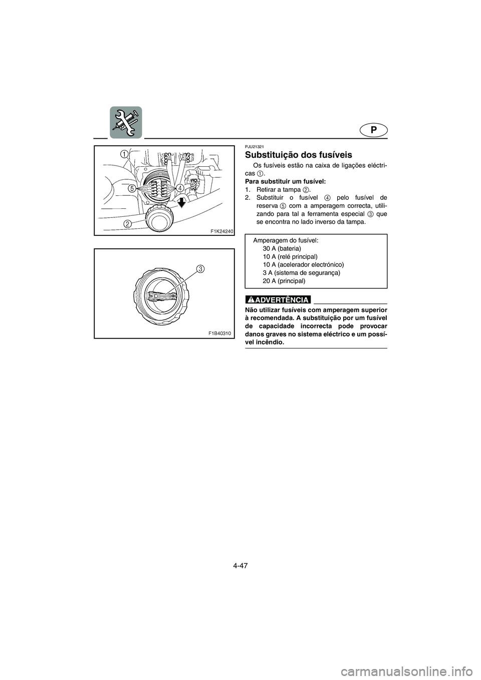 YAMAHA VX 2006 Manual de utilização (in Portuguese) 4-47
P
PJU21321
Substituição dos fusíveis
Os fusíveis estão na caixa de ligações eléctri-
cas 1
.
Para substituir um fusível:
1. Retirar a tampa 2
.
2. Substituir o fusível 4
pelo fusív YAMAHA VX 2006 Manual de utilização (in Portuguese) 4-47
P
PJU21321
Substituição dos fusíveis
Os fusíveis estão na caixa de ligações eléctri-
cas 1
.
Para substituir um fusível:
1. Retirar a tampa 2
.
2. Substituir o fusível 4
pelo fusív