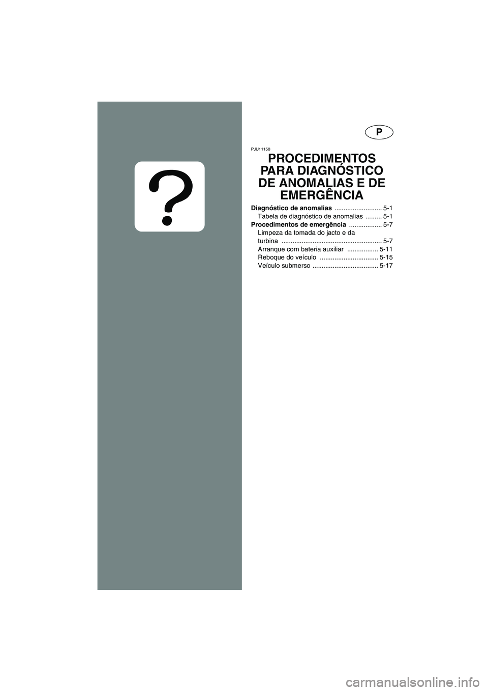 YAMAHA VX 2006  Manual de utilização (in Portuguese) P
PJU11150 
PROCEDIMENTOS 
PARA DIAGNÓSTICO 
DE ANOMALIAS E DE 
EMERGÊNCIA 
Diagnóstico de anomalias .......................... 5-1
Tabela de diagnóstico de anomalias  ......... 5-1
Procedimentos 