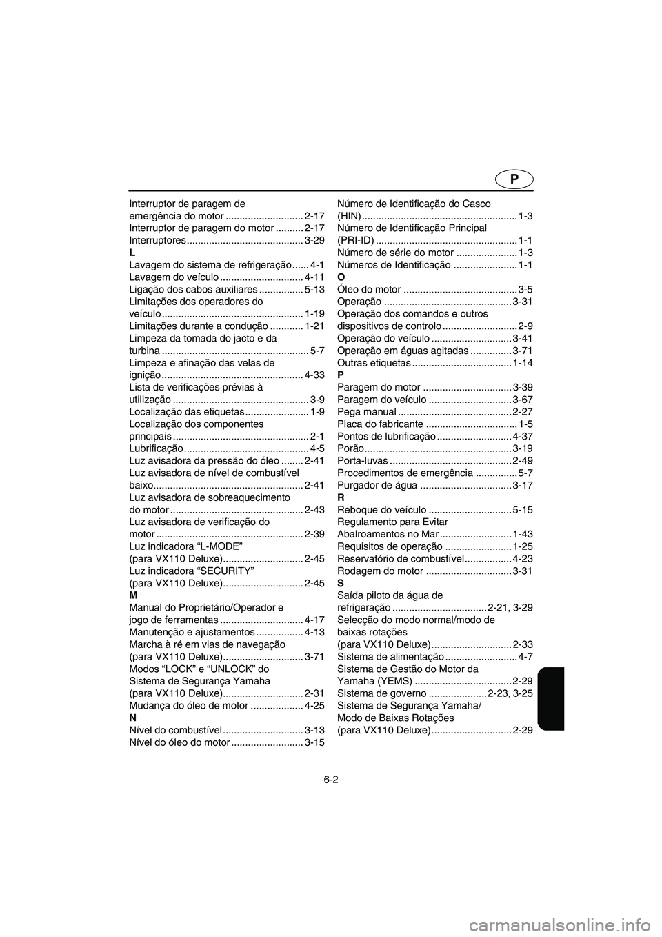 YAMAHA VX 2006  Manual de utilização (in Portuguese) 6-2
P
Interruptor de paragem de 
emergência do motor ............................ 2-17
Interruptor de paragem do motor .......... 2-17
Interruptores .......................................... 3-29
L
