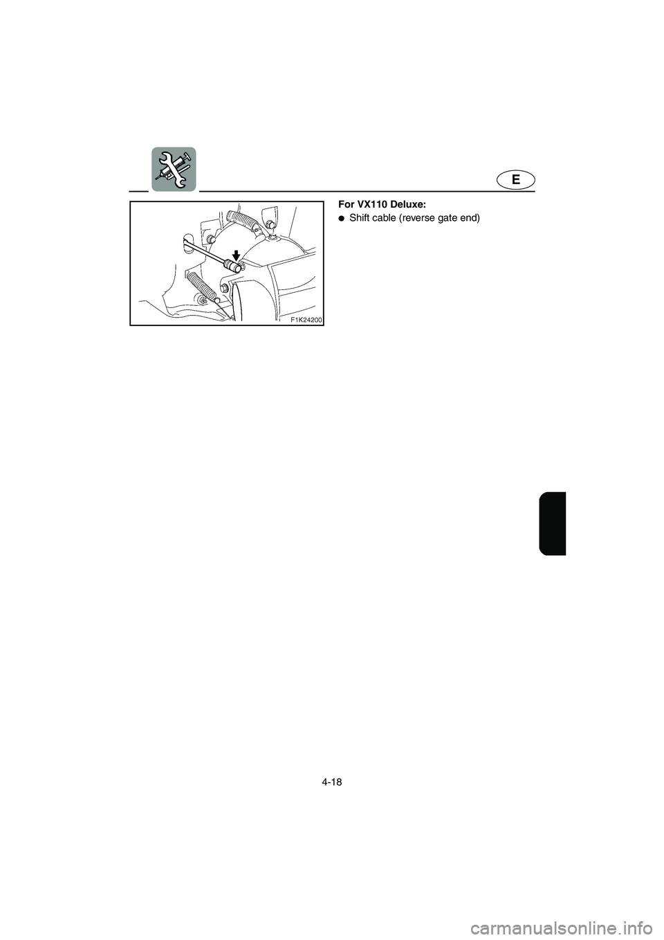 YAMAHA VX SPORT 2005  Owners Manual 4-18
E
For VX110 Deluxe: 
Shift cable (reverse gate end) 
UF1K70.book  Page 18  Friday, November 19, 2004  2:42 PM 