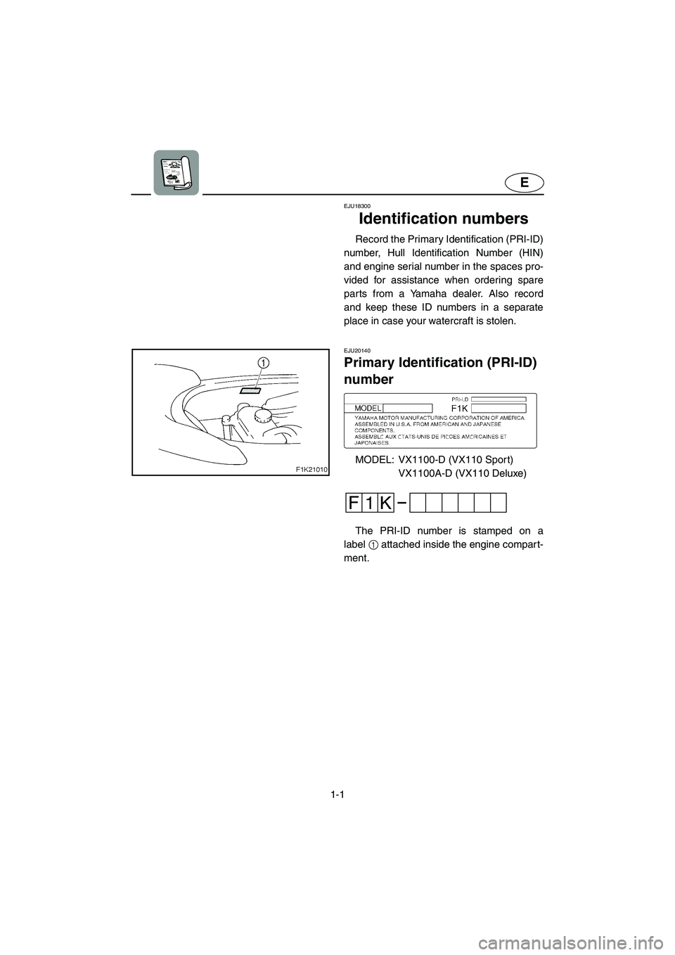 YAMAHA VX SPORT 2005  Owners Manual 1-1
E
EJU18300  
Identification numbers 
Record the Primary Identification (PRI-ID)
number, Hull Identification Number (HIN)
and engine serial number in the spaces pro-
vided for assistance when order