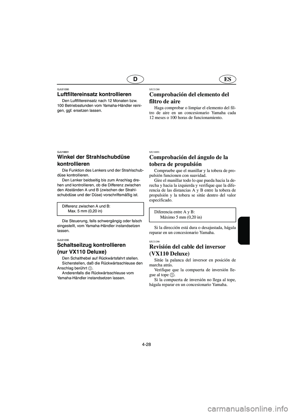 YAMAHA VX CRUISER 2005  Manuale de Empleo (in Spanish) 4-28
ESD
GJU21280
Luftfiltereinsatz kontrollieren 
Den Luftfiltereinsatz nach 12 Monaten bzw. 
100 Betriebsstunden vom Yamaha-Händler reini-
gen, ggf. ersetzen lassen. 
GJU18891
Winkel der Strahlschu