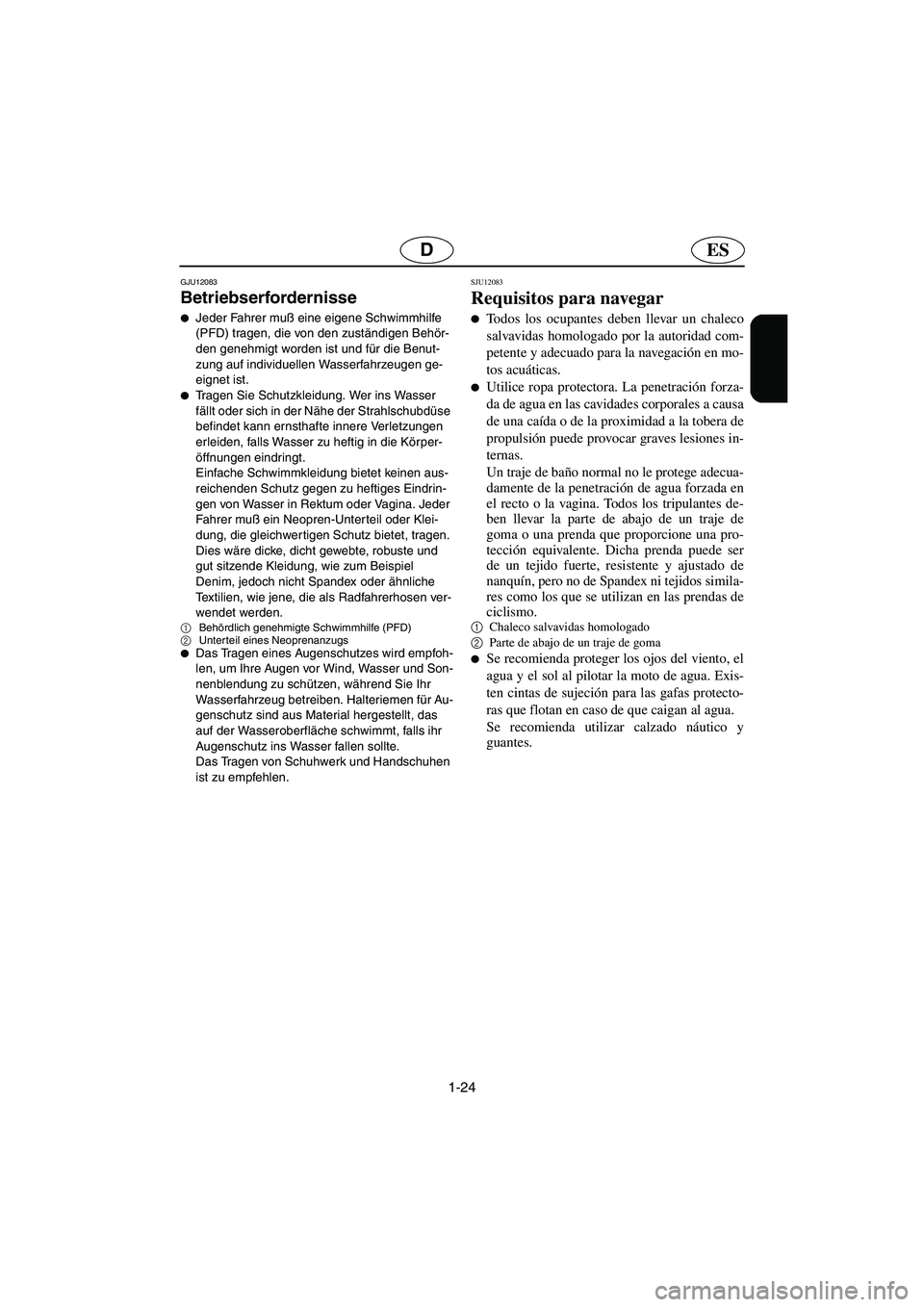 YAMAHA VX 2005  Notices Demploi (in French) 1-24
ESD
GJU12083
Betriebserfordernisse 
Jeder Fahrer muß eine eigene Schwimmhilfe 
(PFD) tragen, die von den zuständigen Behör-
den genehmigt worden ist und für die Benut-
zung auf individuellen