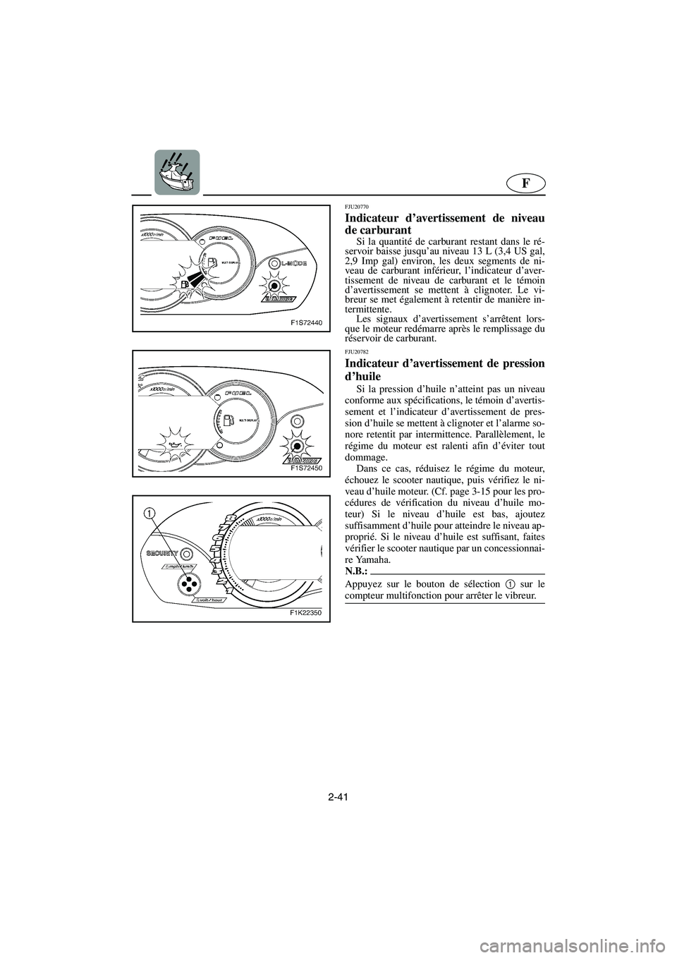 YAMAHA VX CRUISER 2005  Manual de utilização (in Portuguese) 2-41
F
FJU20770
Indicateur d’avertissement de niveau
de carburant 
Si la quantité de carburant restant dans le ré-
servoir baisse jusqu’au niveau 13 L (3,4 US gal,
2,9 Imp gal) environ, les deux