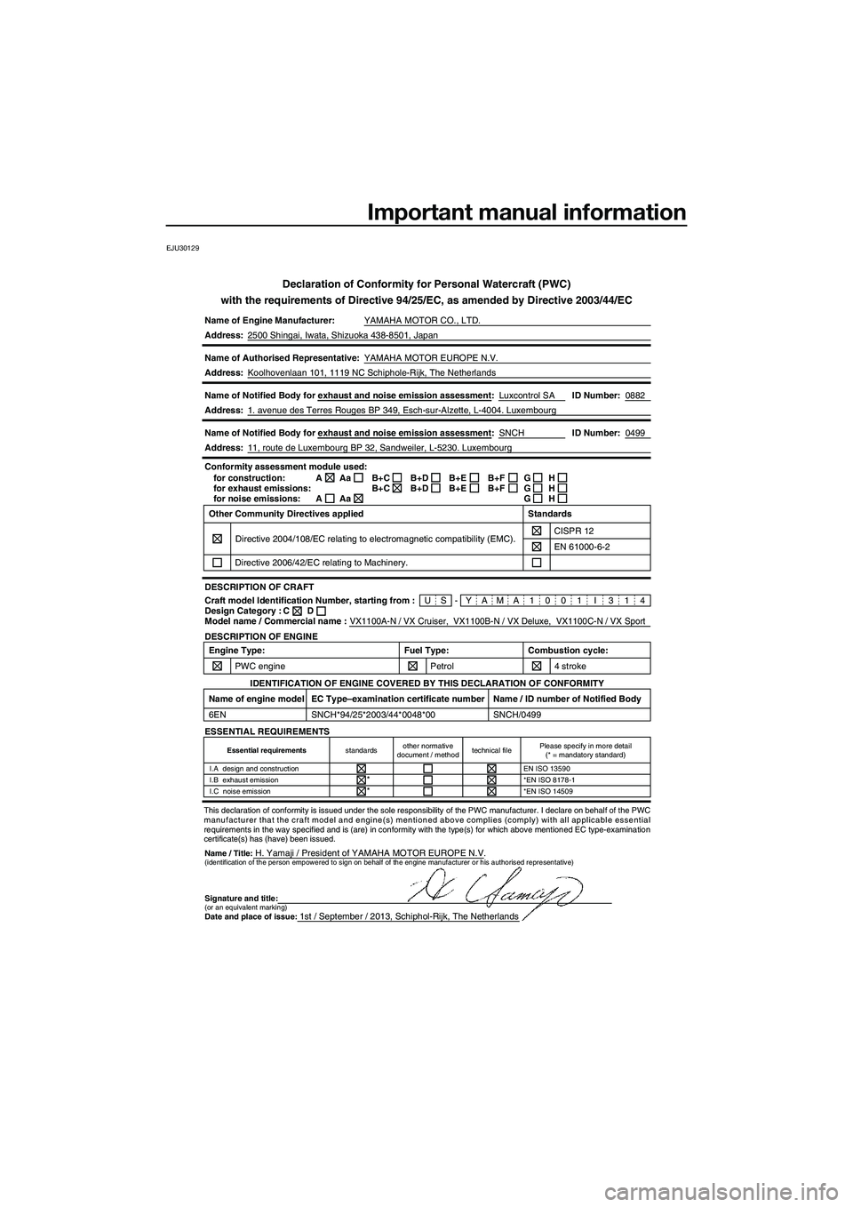 YAMAHA VX CRUISER 2014 Owners Manual Important manual information
EJU30129
Declaration of Conformity for Personal Watercraft (PWC)
with the requirements of Directive 94/25/EC, as amended by Directive 200\
3/44/EC
Name of Engine Manufactu YAMAHA VX CRUISER 2014 Owners Manual Important manual information
EJU30129
Declaration of Conformity for Personal Watercraft (PWC)
with the requirements of Directive 94/25/EC, as amended by Directive 200\
3/44/EC
Name of Engine Manufactu