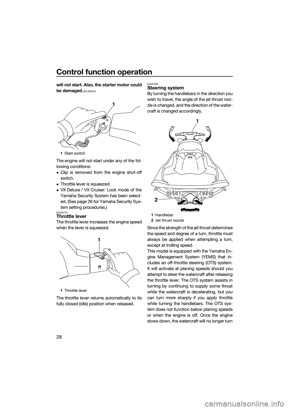 YAMAHA VX CRUISER 2014  Owners Manual Control function operation
28
will not start. Also, the starter motor could
be damaged.
 [ECJ01041]
The engine will not start under any of the fol-
lowing conditions:
Clip is removed from the engin