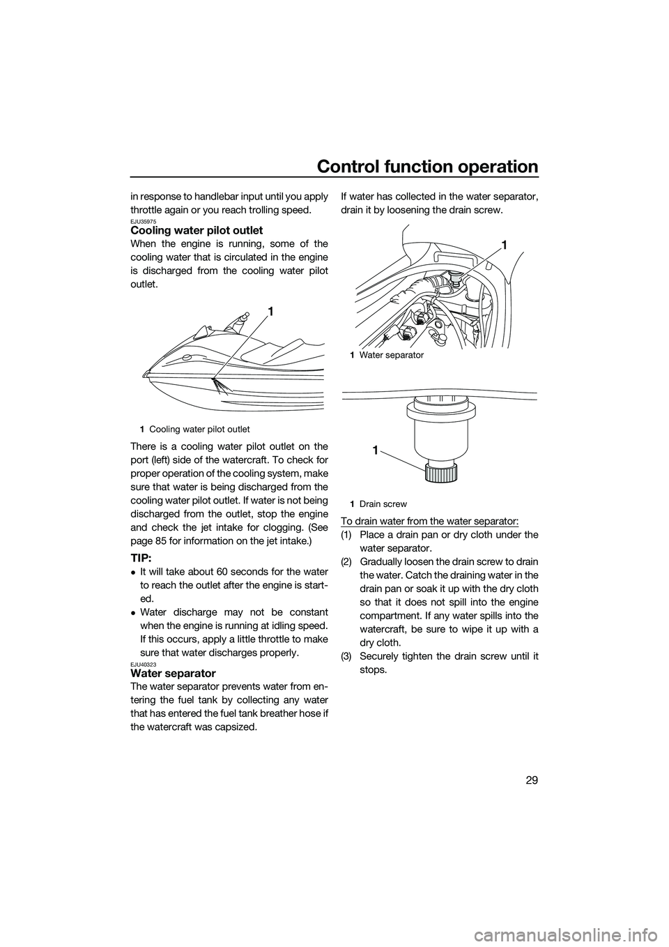 YAMAHA VX CRUISER 2014  Owners Manual Control function operation
29
in response to handlebar input until you apply
throttle again or you reach trolling speed.
EJU35975Cooling water pilot outlet
When the engine is running, some of the
cool