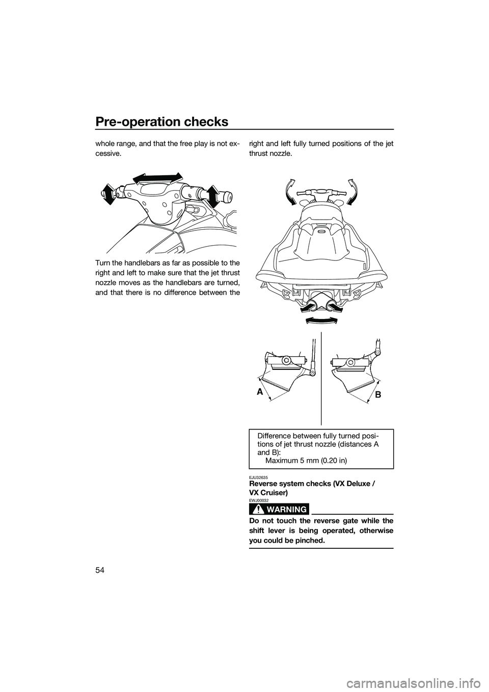 YAMAHA VX DELUXE 2014 Workshop Manual Pre-operation checks
54
whole range, and that the free play is not ex-
cessive.
Turn the handlebars as far as possible to the
right and left to make sure that the jet thrust
nozzle moves as the handle YAMAHA VX DELUXE 2014 Workshop Manual Pre-operation checks
54
whole range, and that the free play is not ex-
cessive.
Turn the handlebars as far as possible to the
right and left to make sure that the jet thrust
nozzle moves as the handle