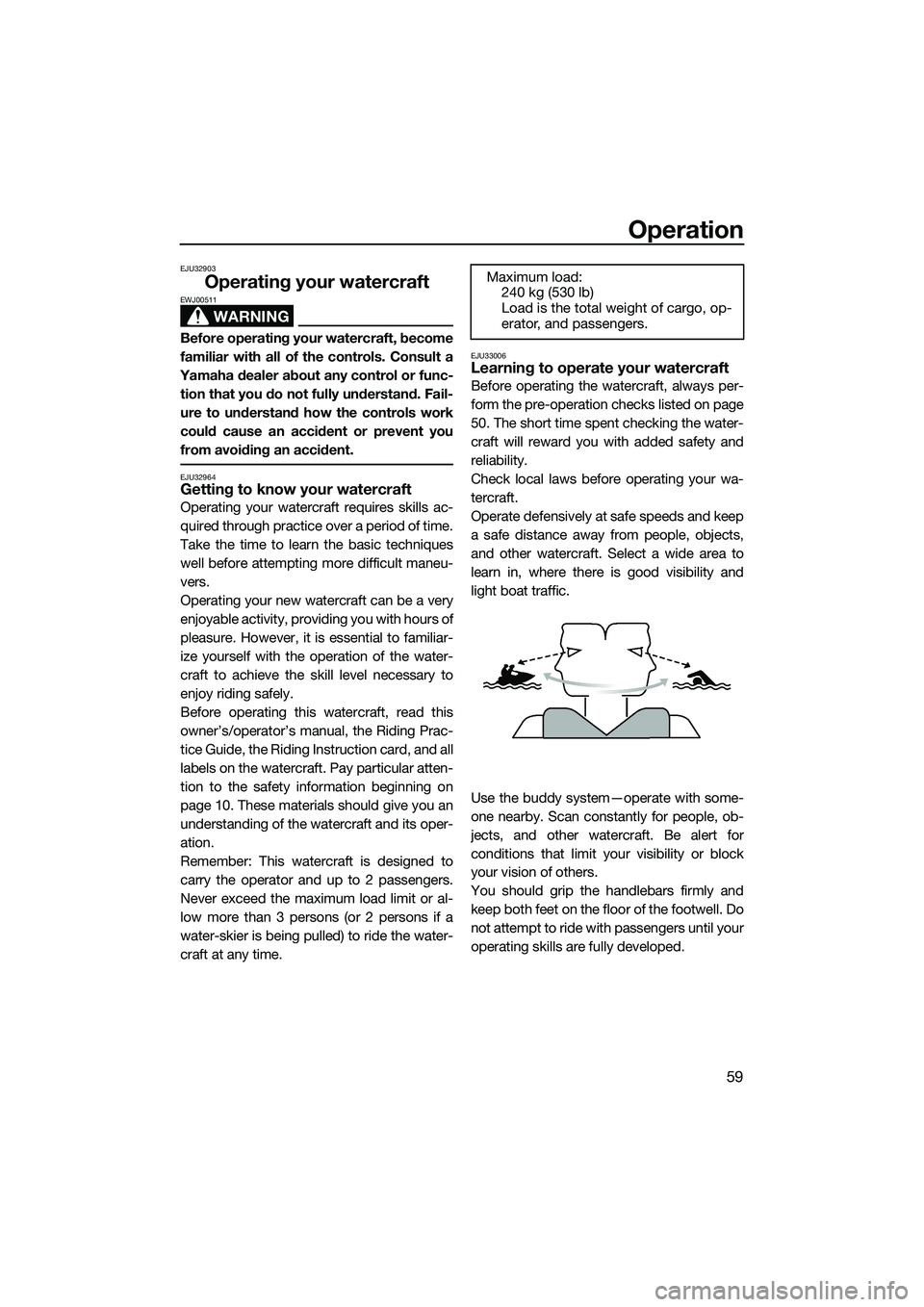 YAMAHA VX DELUXE 2014 Repair Manual Operation
59
EJU32903
Operating your watercraft
WARNING
EWJ00511
Before operating your watercraft, become
familiar with all of the controls. Consult a
Yamaha dealer about any control or func- tion tha YAMAHA VX DELUXE 2014 Repair Manual Operation
59
EJU32903
Operating your watercraft
WARNING
EWJ00511
Before operating your watercraft, become
familiar with all of the controls. Consult a
Yamaha dealer about any control or func- tion tha