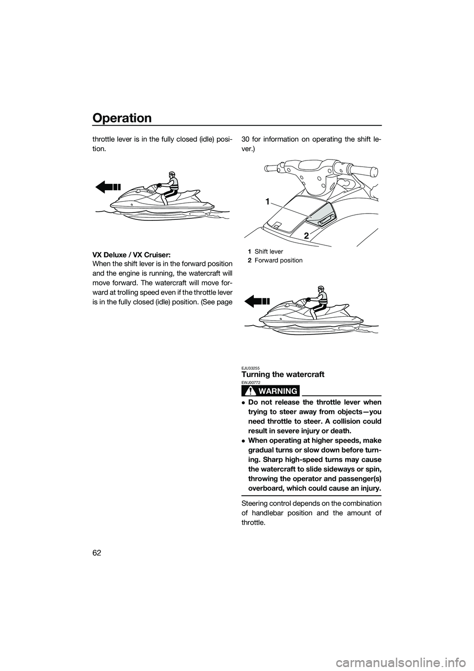 YAMAHA VX DELUXE 2014 Repair Manual Operation
62
throttle lever is in the fully closed (idle) posi-
tion.
VX Deluxe / VX Cruiser:
When the shift lever is in the forward position
and the engine is running, the watercraft will
move forwa YAMAHA VX DELUXE 2014 Repair Manual Operation
62
throttle lever is in the fully closed (idle) posi-
tion.
VX Deluxe / VX Cruiser:
When the shift lever is in the forward position
and the engine is running, the watercraft will
move forwa
