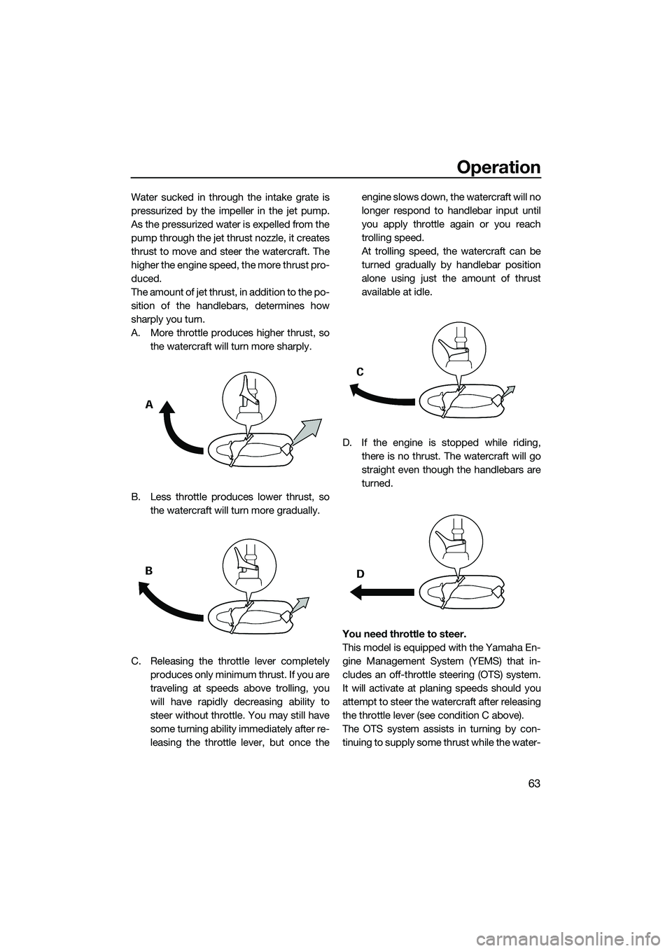 YAMAHA VX DELUXE 2014 Repair Manual Operation
63
Water sucked in through the intake grate is
pressurized by the impeller in the jet pump.
As the pressurized water is expelled from the
pump through the jet thrust nozzle, it creates
thrus YAMAHA VX DELUXE 2014 Repair Manual Operation
63
Water sucked in through the intake grate is
pressurized by the impeller in the jet pump.
As the pressurized water is expelled from the
pump through the jet thrust nozzle, it creates
thrus