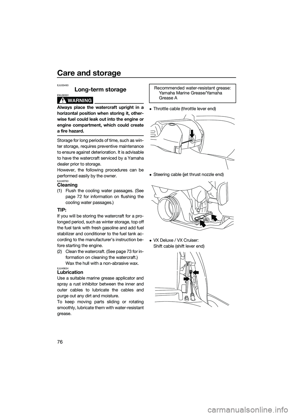 YAMAHA VX DELUXE 2014 Manual Online Care and storage
76
EJU33493
Long-term storage
WARNING
EWJ00331
Always place the watercraft upright in a
horizontal position when storing it, other-
wise fuel could leak out into the engine or
engine YAMAHA VX DELUXE 2014 Manual Online Care and storage
76
EJU33493
Long-term storage
WARNING
EWJ00331
Always place the watercraft upright in a
horizontal position when storing it, other-
wise fuel could leak out into the engine or
engine