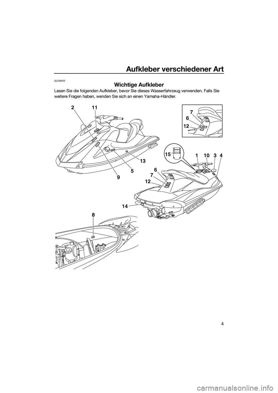 YAMAHA VX CRUISER 2014 Betriebsanleitungen (in German) Aufkleber verschiedener Art
4
GJU30453
Wichtige Aufkleber
Lesen Sie die folgenden Aufkleber, bevor Sie dieses Wasserfahrzeug verwenden. Falls Sie
weitere Fragen haben, wenden Sie sich an einen Yamaha YAMAHA VX CRUISER 2014 Betriebsanleitungen (in German) Aufkleber verschiedener Art
4
GJU30453
Wichtige Aufkleber
Lesen Sie die folgenden Aufkleber, bevor Sie dieses Wasserfahrzeug verwenden. Falls Sie
weitere Fragen haben, wenden Sie sich an einen Yamaha