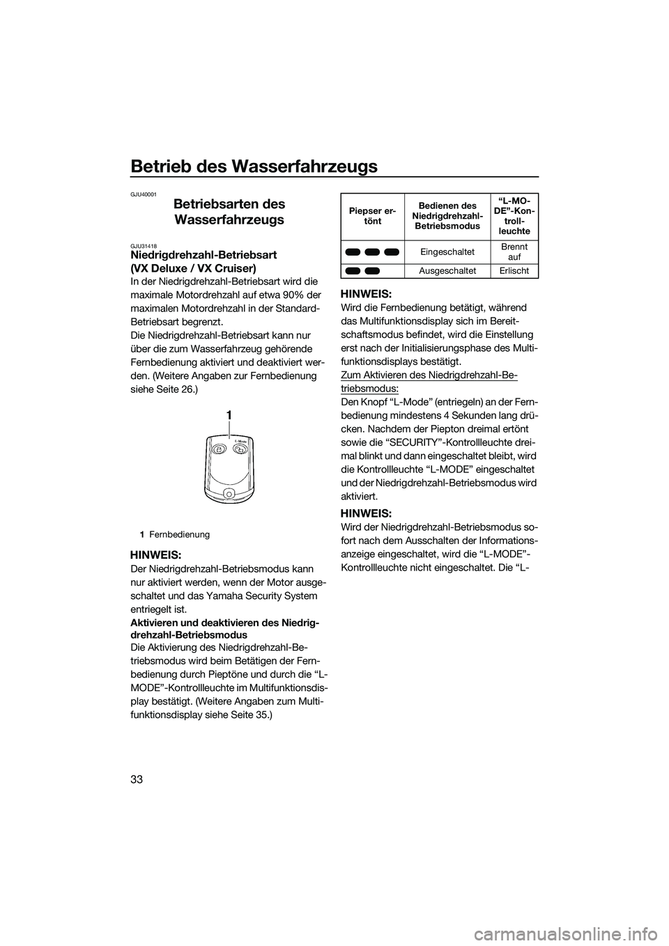 YAMAHA VX CRUISER 2014 Betriebsanleitungen (in German) Betrieb des Wasserfahrzeugs
33
GJU40001
Betriebsarten des Wasserfahrzeugs
GJU31418Niedrigdrehzahl-Betriebsart
(VX Deluxe / VX Cruiser)
In der Niedrigdrehzahl-Betriebsart wird die
maximale Motordrehz YAMAHA VX CRUISER 2014 Betriebsanleitungen (in German) Betrieb des Wasserfahrzeugs
33
GJU40001
Betriebsarten des Wasserfahrzeugs
GJU31418Niedrigdrehzahl-Betriebsart
(VX Deluxe / VX Cruiser)
In der Niedrigdrehzahl-Betriebsart wird die
maximale Motordrehz