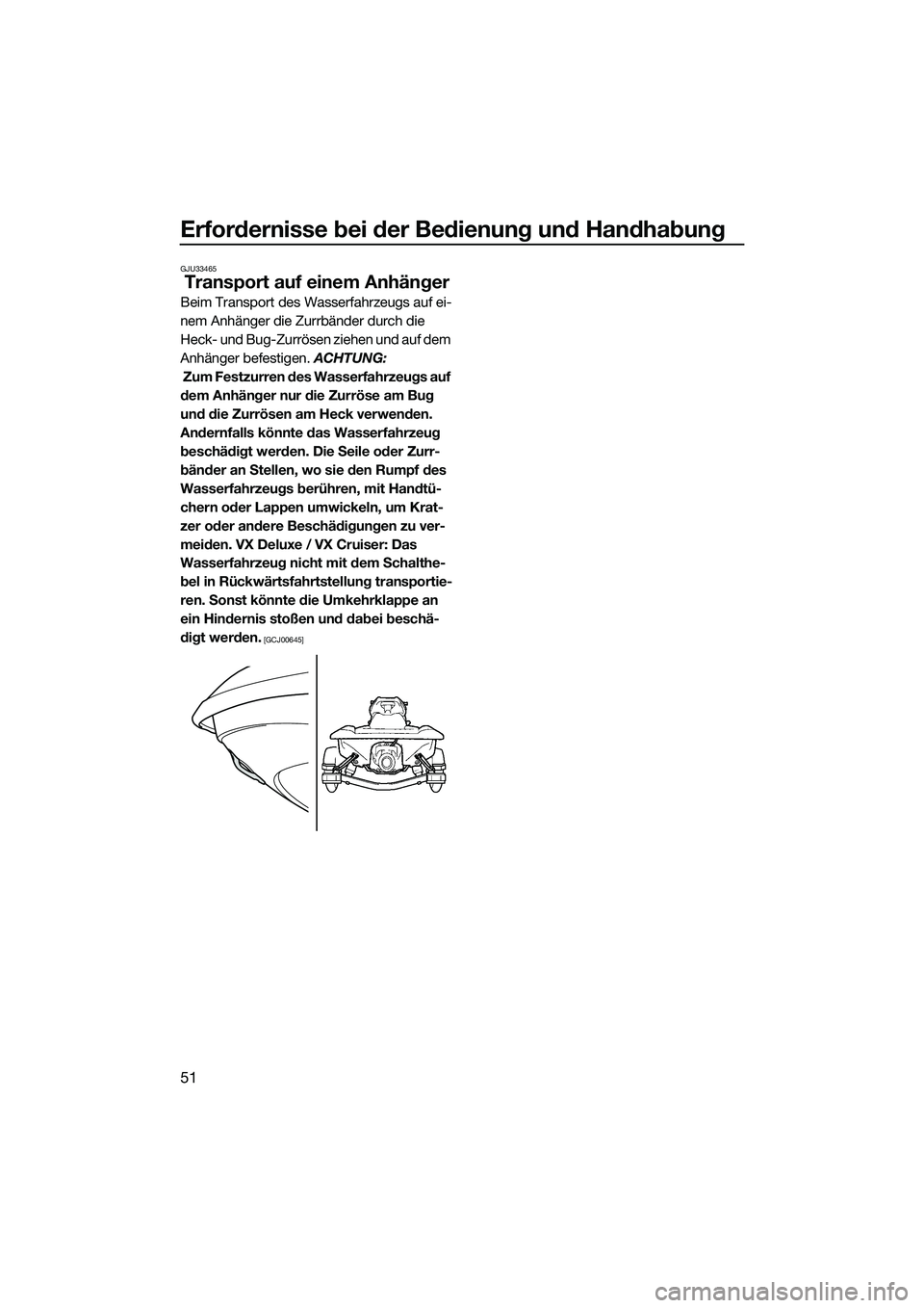 YAMAHA VX DELUXE 2014  Betriebsanleitungen (in German) Erfordernisse bei der Bedienung und Handhabung
51
GJU33465
Transport auf einem Anhänger
Beim Transport des Wasserfahrzeugs auf ei-
nem Anhänger die Zurrbänder durch die 
Heck- und Bug-Zurrösen zie