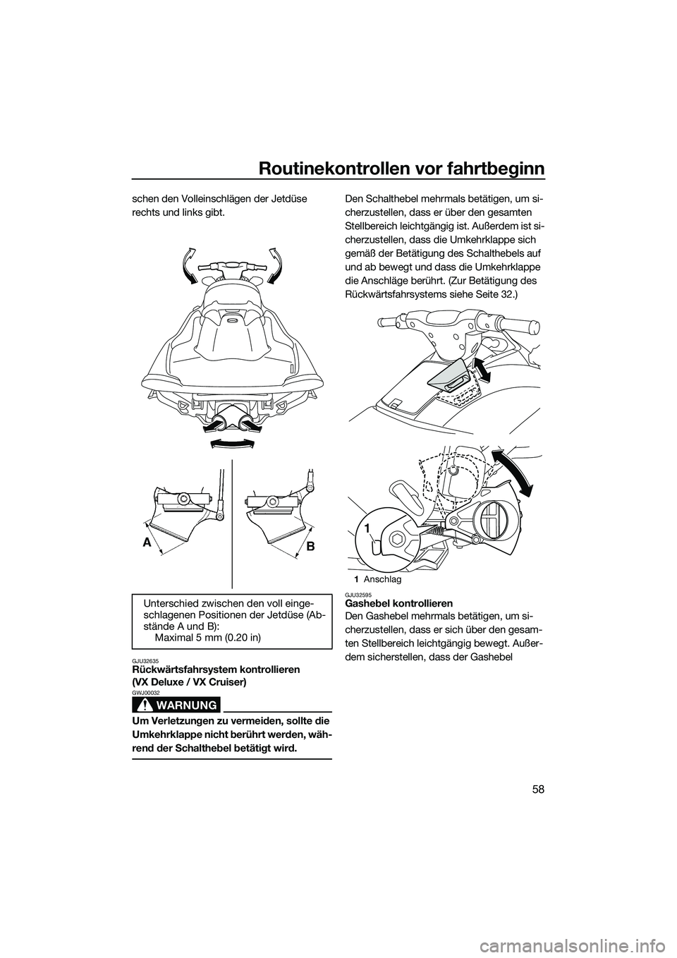 YAMAHA VX DELUXE 2014 Betriebsanleitungen (in German) Routinekontrollen vor fahrtbeginn
58
schen den Volleinschlägen der Jetdüse
rechts und links gibt.
GJU32635Rückwärtsfahrsystem kontrollieren
(VX Deluxe / VX Cruiser)
WARNUNG
GWJ00032
Um Verletzun YAMAHA VX DELUXE 2014 Betriebsanleitungen (in German) Routinekontrollen vor fahrtbeginn
58
schen den Volleinschlägen der Jetdüse
rechts und links gibt.
GJU32635Rückwärtsfahrsystem kontrollieren
(VX Deluxe / VX Cruiser)
WARNUNG
GWJ00032
Um Verletzun