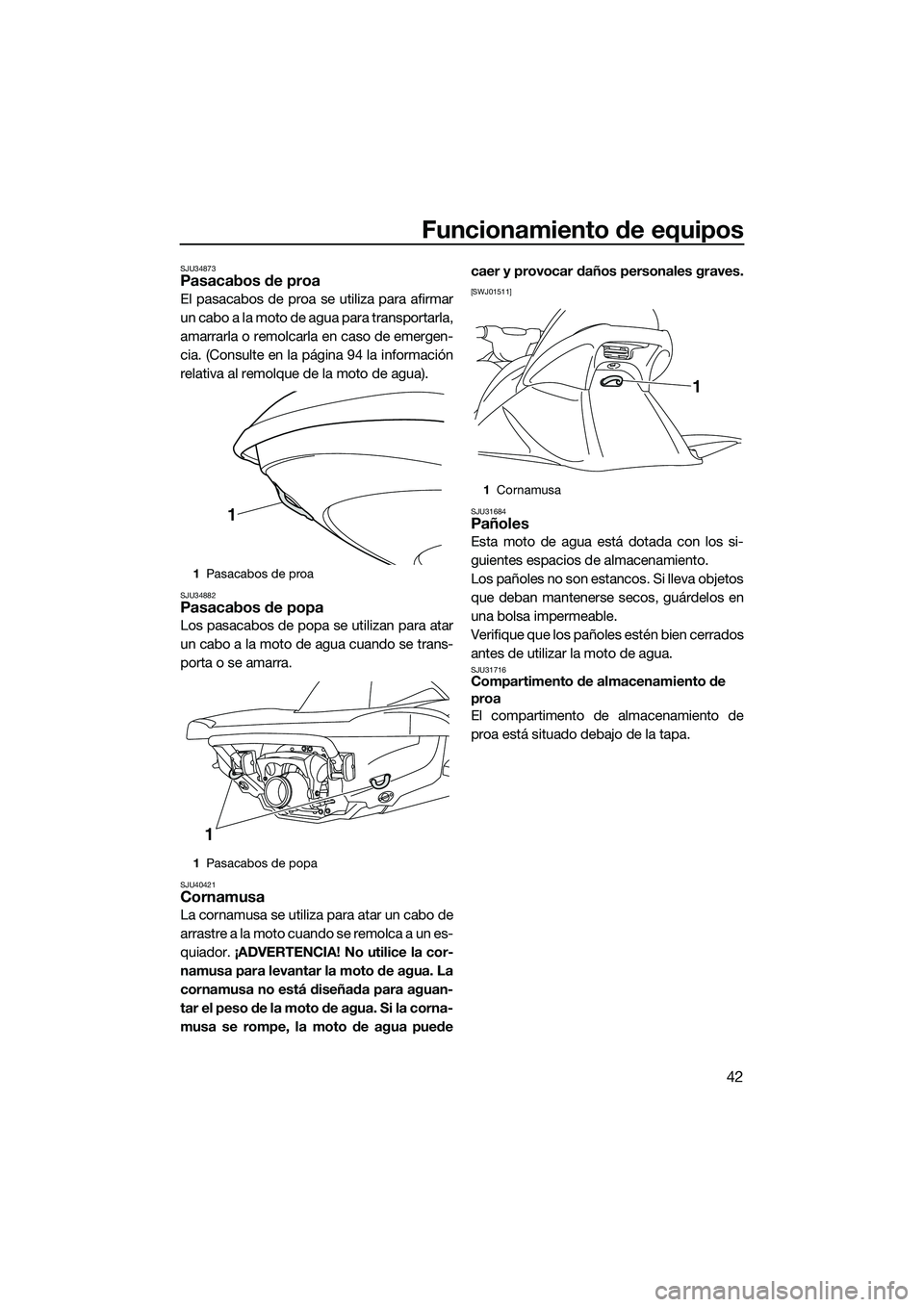 YAMAHA VX CRUISER 2014 Manuale de Empleo (in Spanish) Funcionamiento de equipos
42
SJU34873Pasacabos de proa
El pasacabos de proa se utiliza para afirmar
un cabo a la moto de agua para transportarla,
amarrarla o remolcarla en caso de emergen-
cia. (Consu YAMAHA VX CRUISER 2014 Manuale de Empleo (in Spanish) Funcionamiento de equipos
42
SJU34873Pasacabos de proa
El pasacabos de proa se utiliza para afirmar
un cabo a la moto de agua para transportarla,
amarrarla o remolcarla en caso de emergen-
cia. (Consu