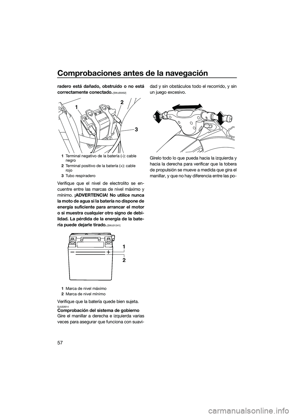 YAMAHA VX DELUXE 2014  Manuale de Empleo (in Spanish) Comprobaciones antes de la navegación
57
radero está dañado, obstruido o no está
correctamente conectado.
 [SWJ00452]
Verifique que el nivel de electrolito se en-
cuentre entre las marcas de nivel