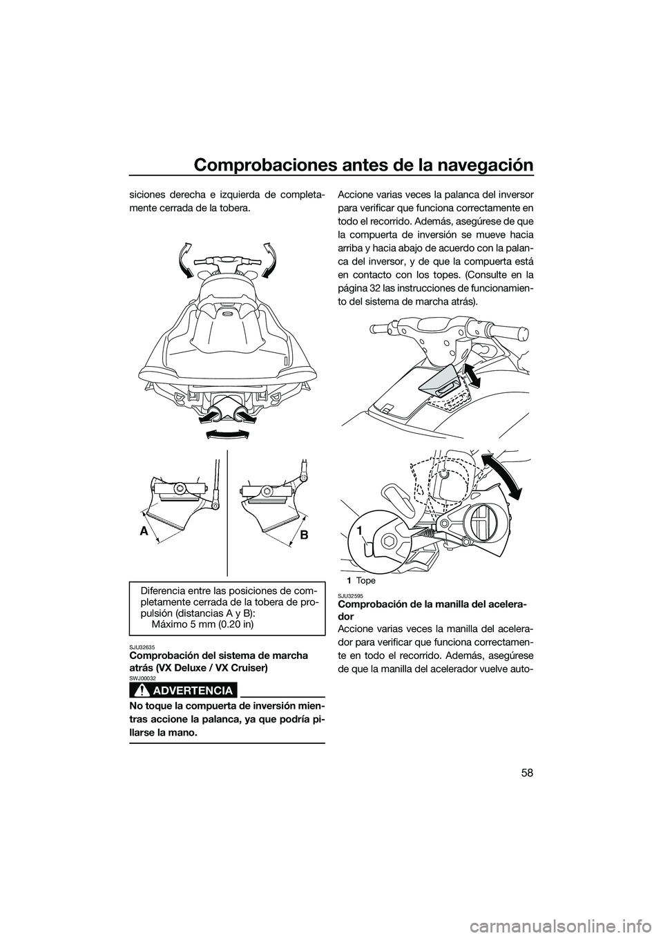 YAMAHA VX DELUXE 2014 Manuale de Empleo (in Spanish) Comprobaciones antes de la navegación
58
siciones derecha e izquierda de completa-
mente cerrada de la tobera.
SJU32635Comprobación del sistema de marcha
atrás (VX Deluxe / VX Cruiser)
ADVERTENCIA YAMAHA VX DELUXE 2014 Manuale de Empleo (in Spanish) Comprobaciones antes de la navegación
58
siciones derecha e izquierda de completa-
mente cerrada de la tobera.
SJU32635Comprobación del sistema de marcha
atrás (VX Deluxe / VX Cruiser)
ADVERTENCIA