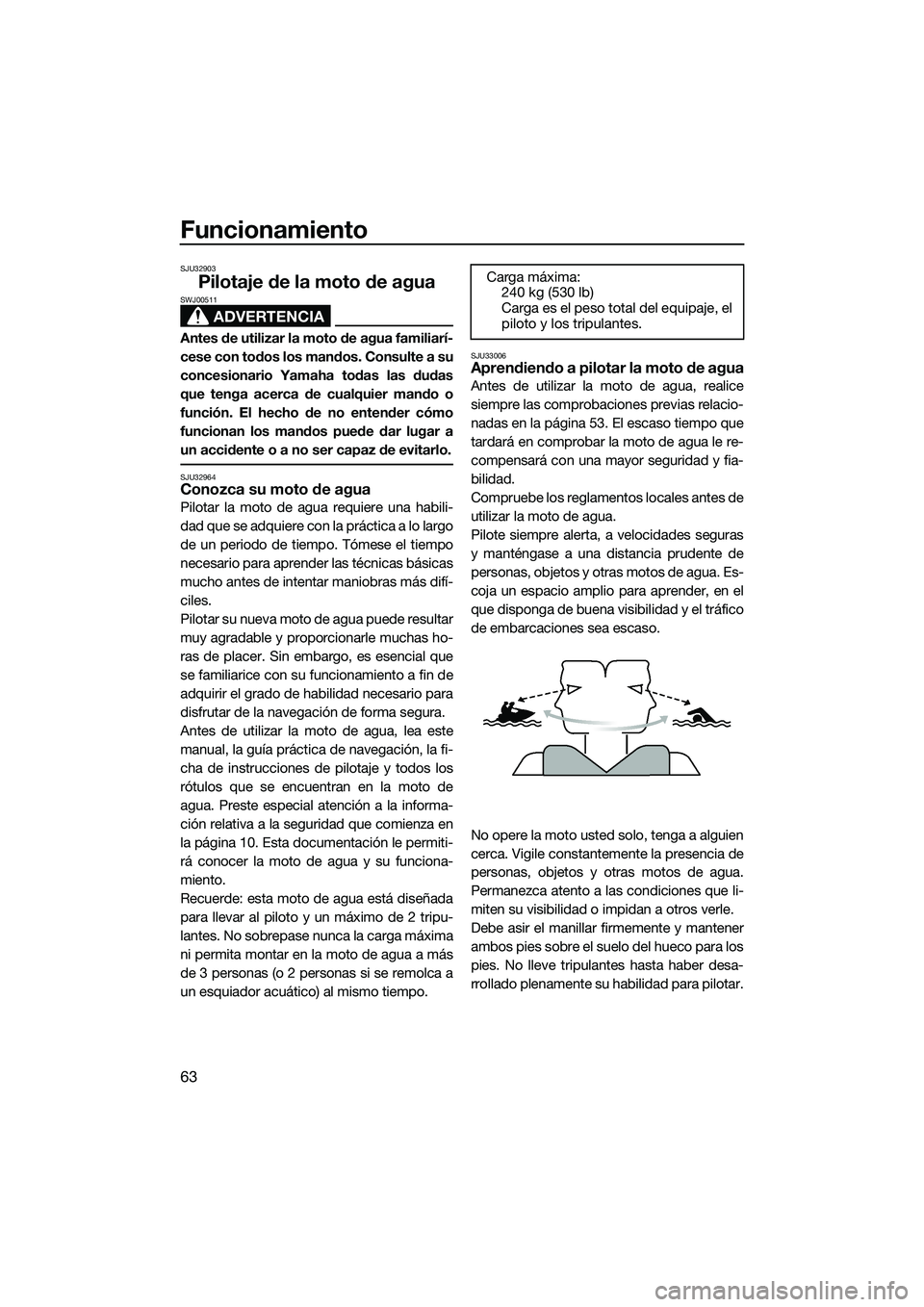 YAMAHA VX DELUXE 2014 Manuale de Empleo (in Spanish) Funcionamiento
63
SJU32903
Pilotaje de la moto de agua
ADVERTENCIA
SWJ00511
Antes de utilizar la moto de agua familiarí-
cese con todos los mandos. Consulte a su
concesionario Yamaha todas las dudas
YAMAHA VX DELUXE 2014 Manuale de Empleo (in Spanish) Funcionamiento
63
SJU32903
Pilotaje de la moto de agua
ADVERTENCIA
SWJ00511
Antes de utilizar la moto de agua familiarí-
cese con todos los mandos. Consulte a su
concesionario Yamaha todas las dudas