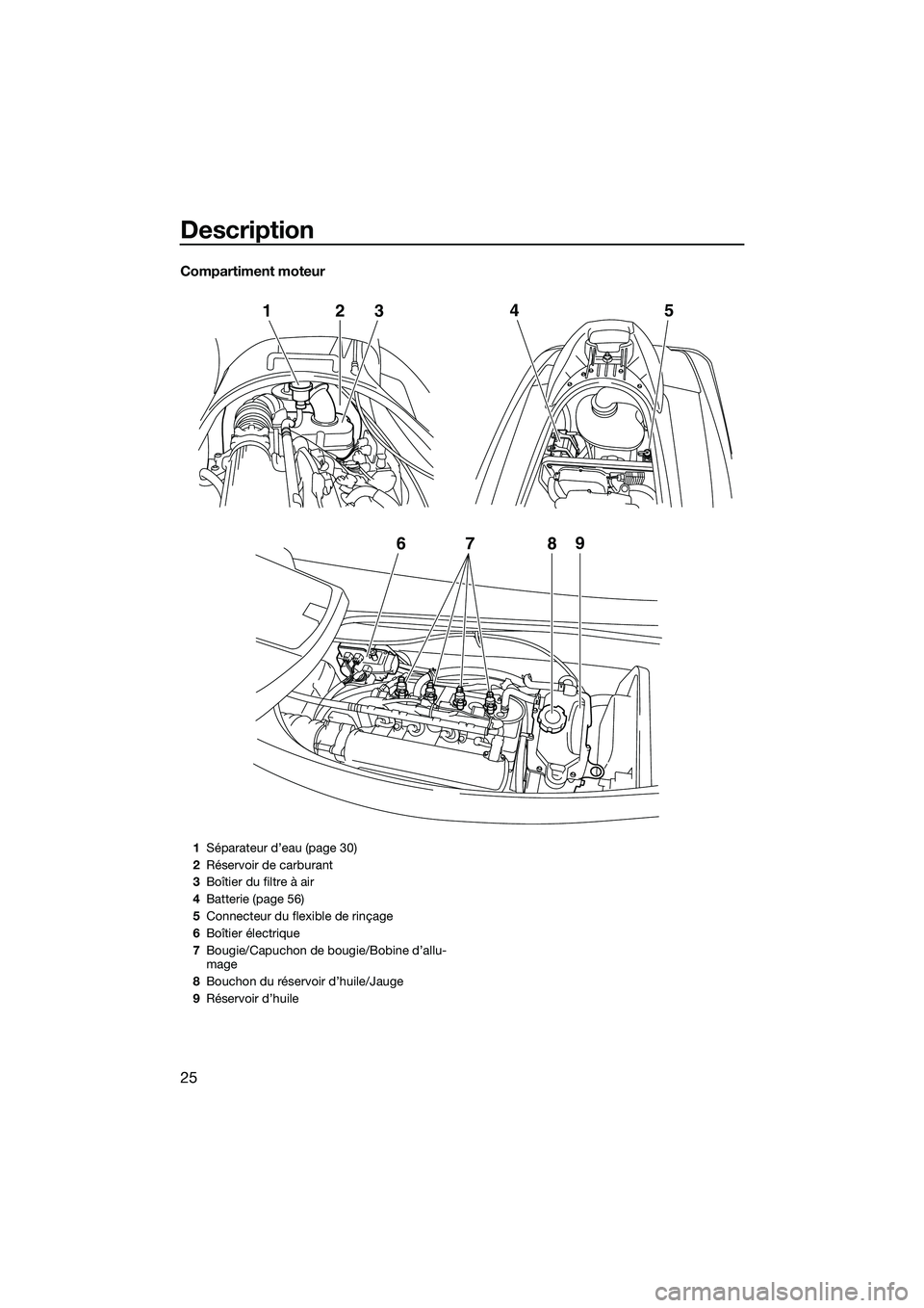 YAMAHA VX DELUXE 2014 Notices Demploi (in French) Description
25
Compartiment moteur
678 9
12
345
1Séparateur d’eau (page 30)
2 Réservoir de carburant
3 Boîtier du filtre à air
4 Batterie (page 56)
5 Connecteur du flexible de rinçage
6 Boîtie YAMAHA VX DELUXE 2014 Notices Demploi (in French) Description
25
Compartiment moteur
678 9
12
345
1Séparateur d’eau (page 30)
2 Réservoir de carburant
3 Boîtier du filtre à air
4 Batterie (page 56)
5 Connecteur du flexible de rinçage
6 Boîtie