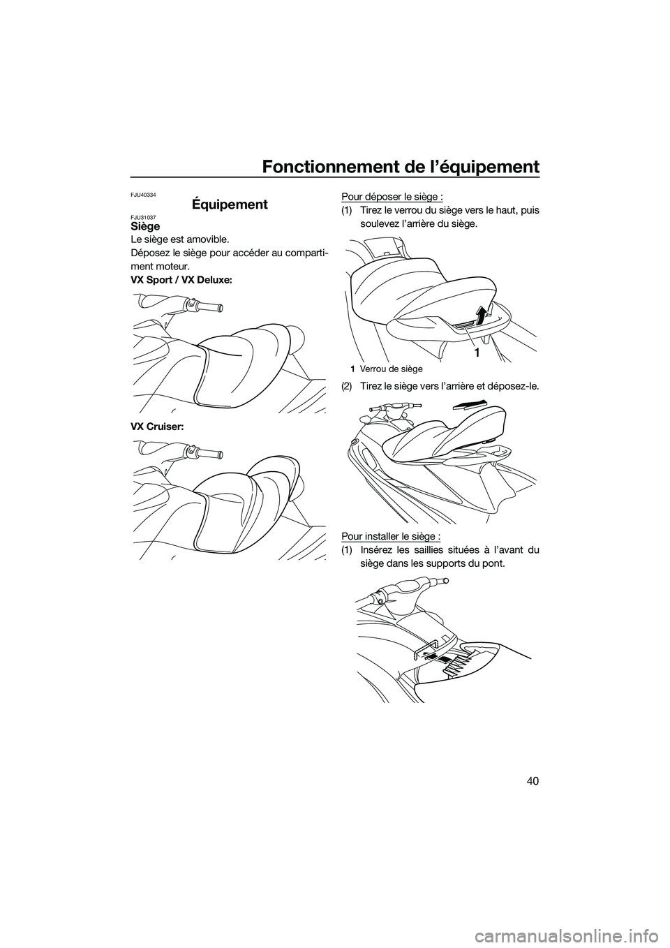 YAMAHA VX DELUXE 2014  Notices Demploi (in French) Fonctionnement de l’équipement
40
FJU40334
ÉquipementFJU31037Siège
Le siège est amovible.
Déposez le siège pour accéder au comparti-
ment moteur.
VX Sport / VX Deluxe:
VX Cruiser:Pour dépose