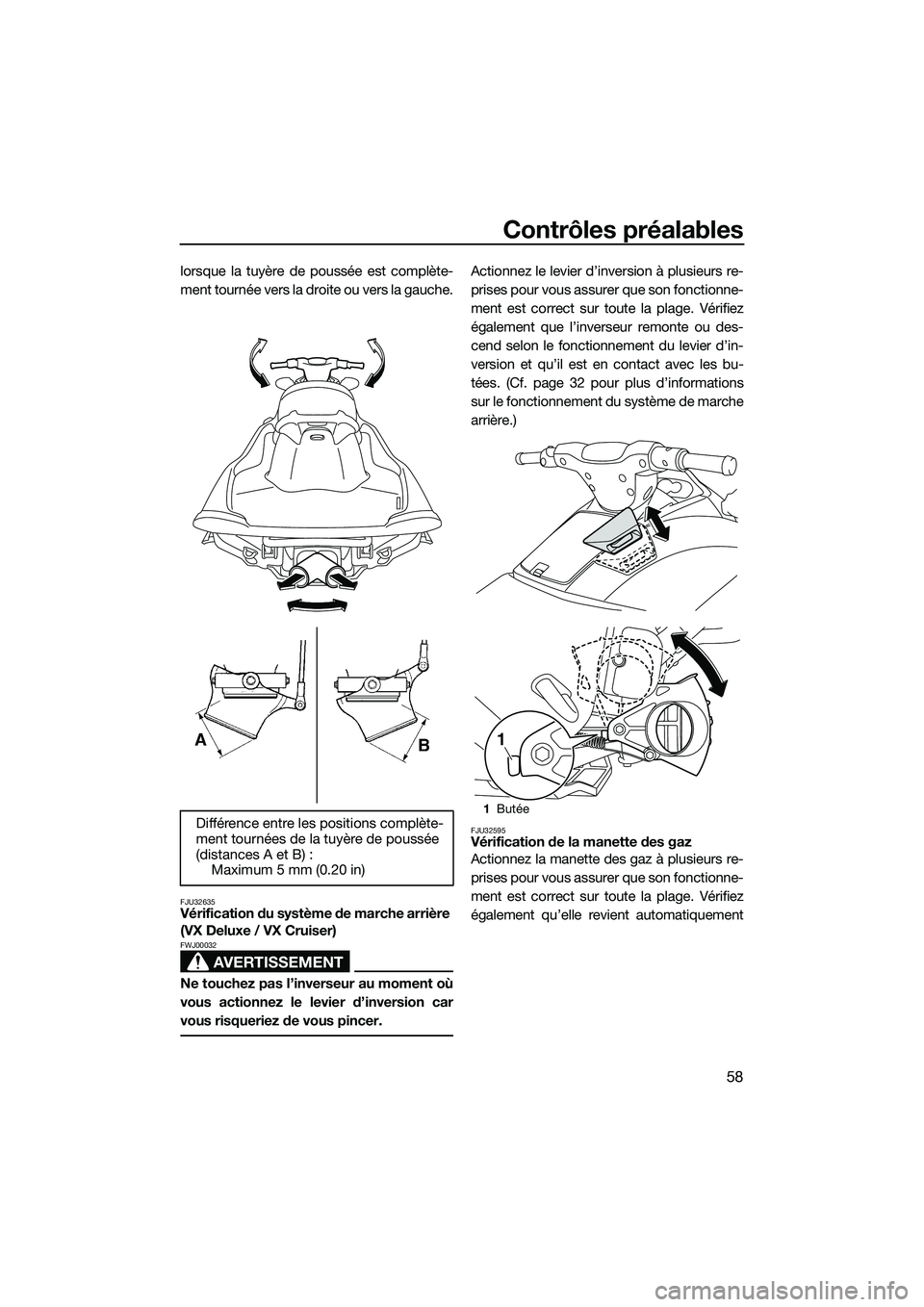 YAMAHA VX DELUXE 2014 Notices Demploi (in French) Contrôles préalables
58
lorsque la tuyère de poussée est complète-
ment tournée vers la droite ou vers la gauche.
FJU32635Vérification du système de marche arrière
(VX Deluxe / VX Cruiser)
A YAMAHA VX DELUXE 2014 Notices Demploi (in French) Contrôles préalables
58
lorsque la tuyère de poussée est complète-
ment tournée vers la droite ou vers la gauche.
FJU32635Vérification du système de marche arrière
(VX Deluxe / VX Cruiser)
A