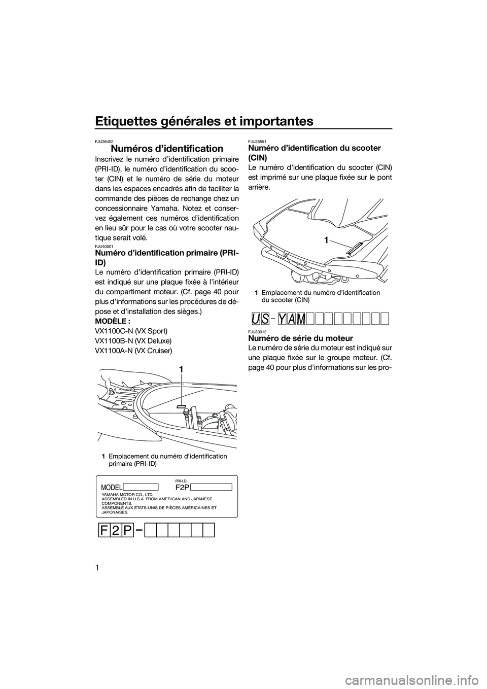 YAMAHA VX SPORT 2014 Notices Demploi (in French) Etiquettes générales et importantes
1
FJU36452
Numéros d’identification
Inscrivez le numéro d’identification primaire
(PRI-ID), le numéro d’identification du scoo-
ter (CIN) et le numéro d YAMAHA VX SPORT 2014 Notices Demploi (in French) Etiquettes générales et importantes
1
FJU36452
Numéros d’identification
Inscrivez le numéro d’identification primaire
(PRI-ID), le numéro d’identification du scoo-
ter (CIN) et le numéro d