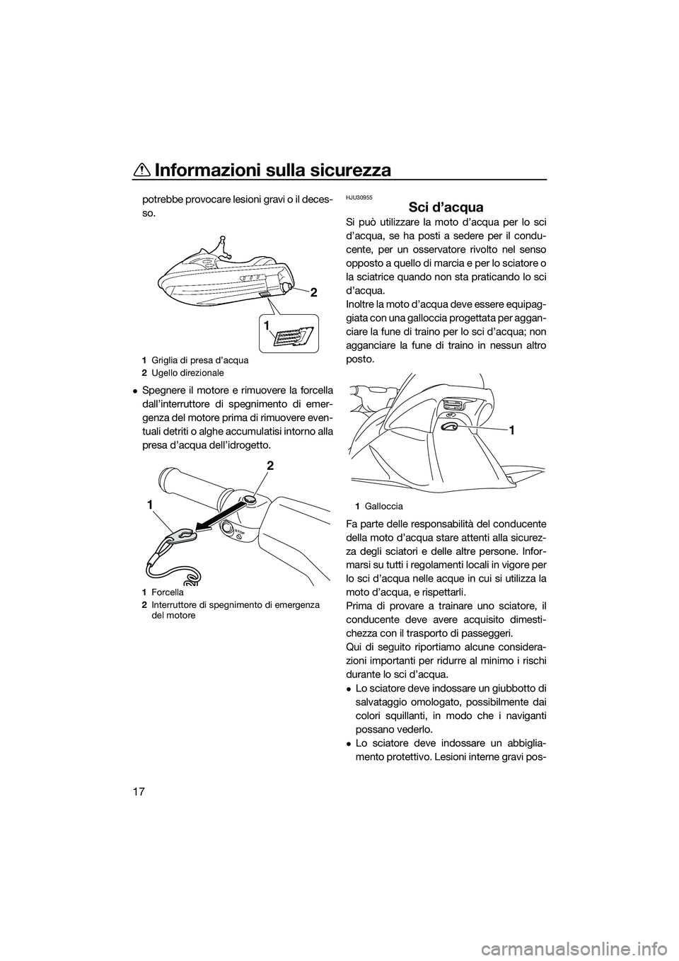 YAMAHA VX DELUXE 2014  Manuale duso (in Italian) Informazioni sulla sicurezza
17
potrebbe provocare lesioni gravi o il deces-
so.
Spegnere il motore e rimuovere la forcella
dall’interruttore di spegnimento di emer-
genza del motore prima di rim