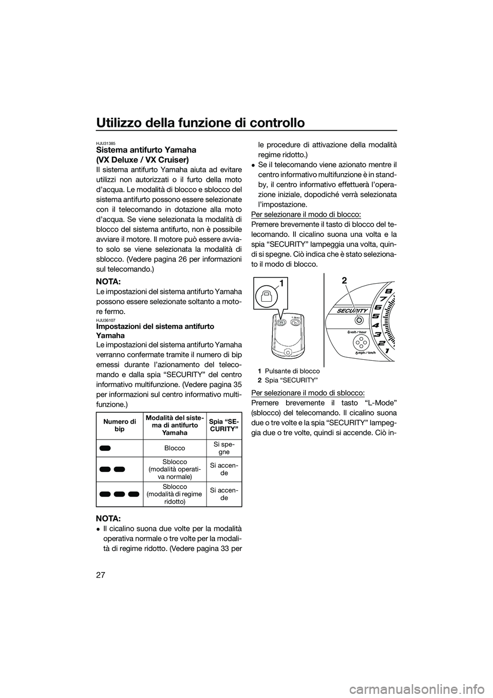YAMAHA VX SPORT 2014 Manuale duso (in Italian) Utilizzo della funzione di controllo
27
HJU31385Sistema antifurto Yamaha
(VX Deluxe / VX Cruiser)
Il sistema antifurto Yamaha aiuta ad evitare
utilizzi non autorizzati o il furto della moto
d’acqua YAMAHA VX SPORT 2014 Manuale duso (in Italian) Utilizzo della funzione di controllo
27
HJU31385Sistema antifurto Yamaha
(VX Deluxe / VX Cruiser)
Il sistema antifurto Yamaha aiuta ad evitare
utilizzi non autorizzati o il furto della moto
d’acqua