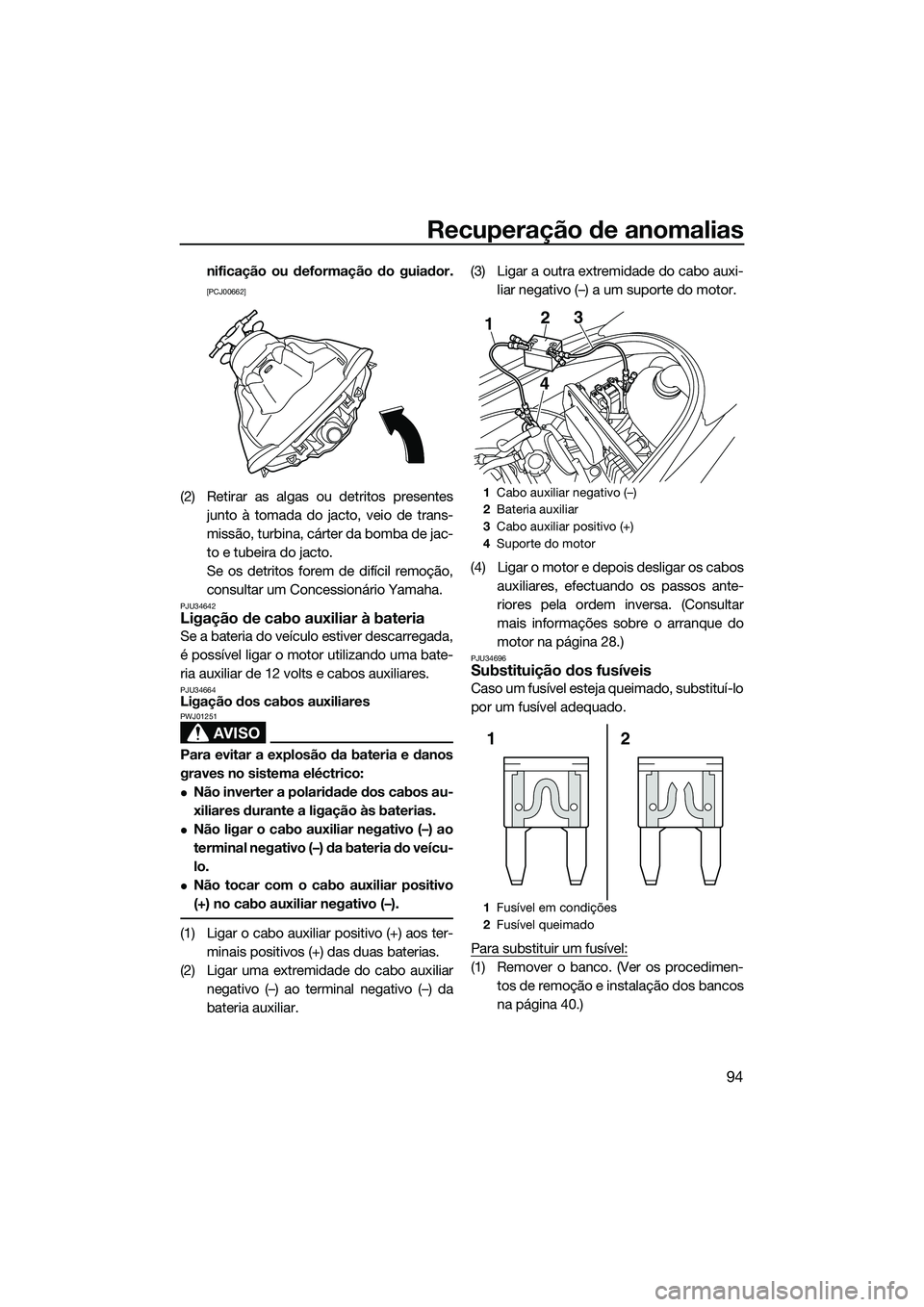 YAMAHA VX DELUXE 2014  Manual de utilização (in Portuguese) Recuperação de anomalias
94
nificação ou deformação do guiador.
[PCJ00662]
(2) Retirar as algas ou detritos presentesjunto à tomada do jacto, veio de trans-
missão, turbina, cárter da bomba d