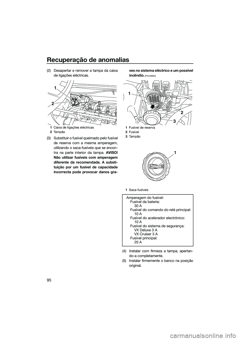YAMAHA VX DELUXE 2014 Manual de utilização (in Portuguese) Recuperação de anomalias
95
(2) Desapertar e remover a tampa da caixade ligações eléctricas.
(3) Substituir o fusível queimado pelo fusível de reserva com a mesma amperagem,
utilizando o saca-f YAMAHA VX DELUXE 2014 Manual de utilização (in Portuguese) Recuperação de anomalias
95
(2) Desapertar e remover a tampa da caixade ligações eléctricas.
(3) Substituir o fusível queimado pelo fusível de reserva com a mesma amperagem,
utilizando o saca-f