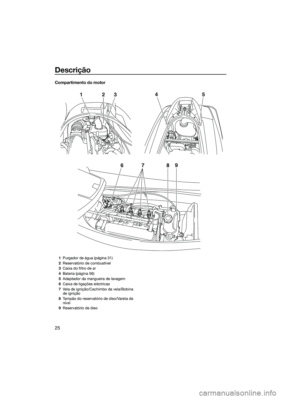YAMAHA VX SPORT 2014 Manual de utilização (in Portuguese) Descrição
25
Compartimento do motor
678 9
12
345
1Purgador de água (página 31)
2 Reservatório de combustível
3 Caixa do filtro de ar
4 Bateria (página 56)
5 Adaptador da mangueira de lavagem
6 YAMAHA VX SPORT 2014 Manual de utilização (in Portuguese) Descrição
25
Compartimento do motor
678 9
12
345
1Purgador de água (página 31)
2 Reservatório de combustível
3 Caixa do filtro de ar
4 Bateria (página 56)
5 Adaptador da mangueira de lavagem
6