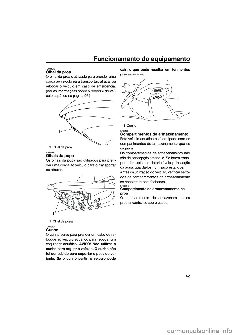 YAMAHA VX DELUXE 2014 Manual de utilização (in Portuguese) Funcionamento do equipamento
42
PJU34873Olhal da proa
O olhal da proa é utilizado para prender uma
corda ao veículo para transportar, atracar ou
rebocar o veículo em caso de emergência.
(Ver as in YAMAHA VX DELUXE 2014 Manual de utilização (in Portuguese) Funcionamento do equipamento
42
PJU34873Olhal da proa
O olhal da proa é utilizado para prender uma
corda ao veículo para transportar, atracar ou
rebocar o veículo em caso de emergência.
(Ver as in