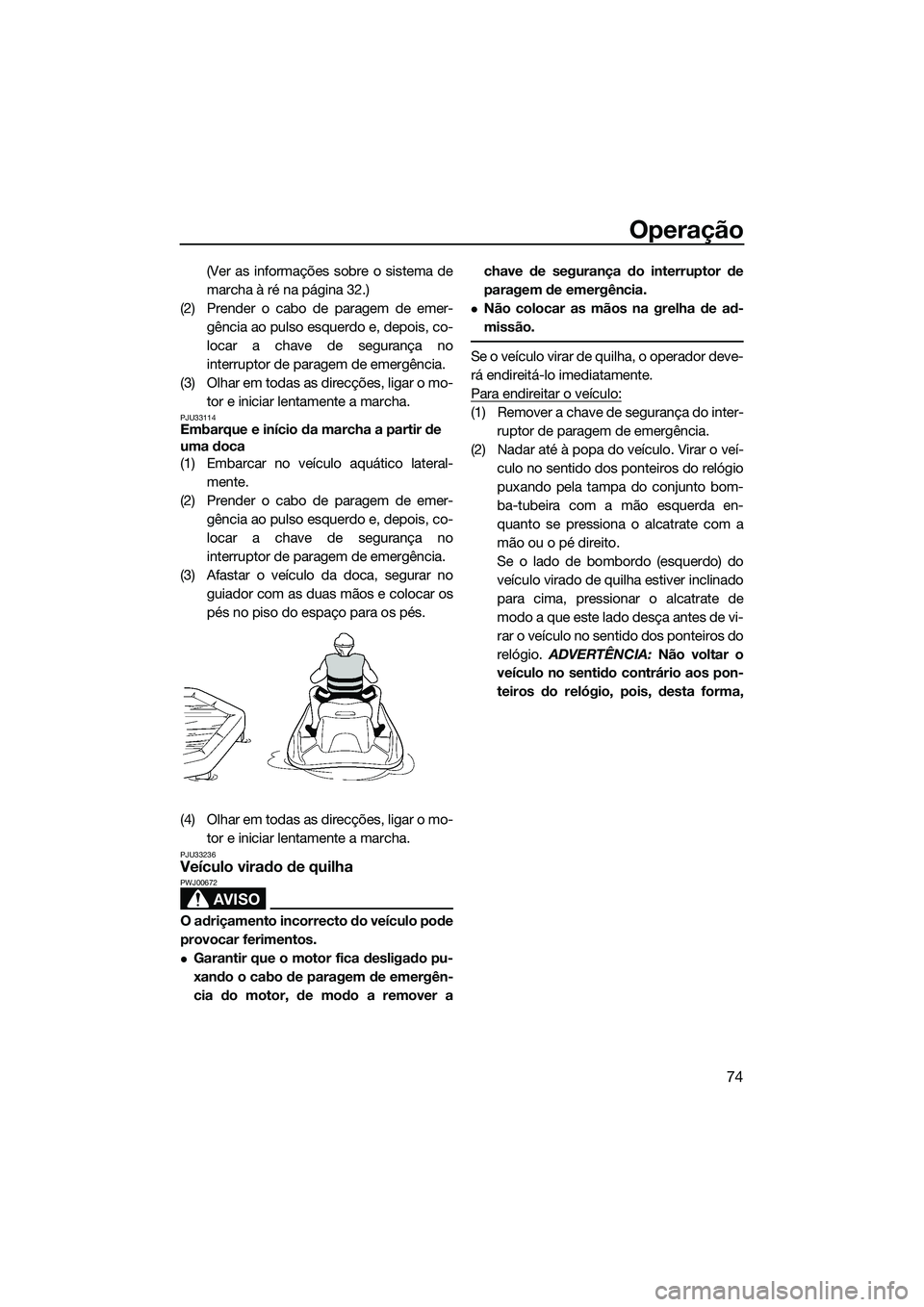 YAMAHA VX DELUXE 2014 Manual de utilização (in Portuguese) Operação
74
(Ver as informações sobre o sistema de
marcha à ré na página 32.)
(2) Prender o cabo de paragem de emer- gência ao pulso esquerdo e, depois, co-
locar a chave de segurança no
inte YAMAHA VX DELUXE 2014 Manual de utilização (in Portuguese) Operação
74
(Ver as informações sobre o sistema de
marcha à ré na página 32.)
(2) Prender o cabo de paragem de emer- gência ao pulso esquerdo e, depois, co-
locar a chave de segurança no
inte