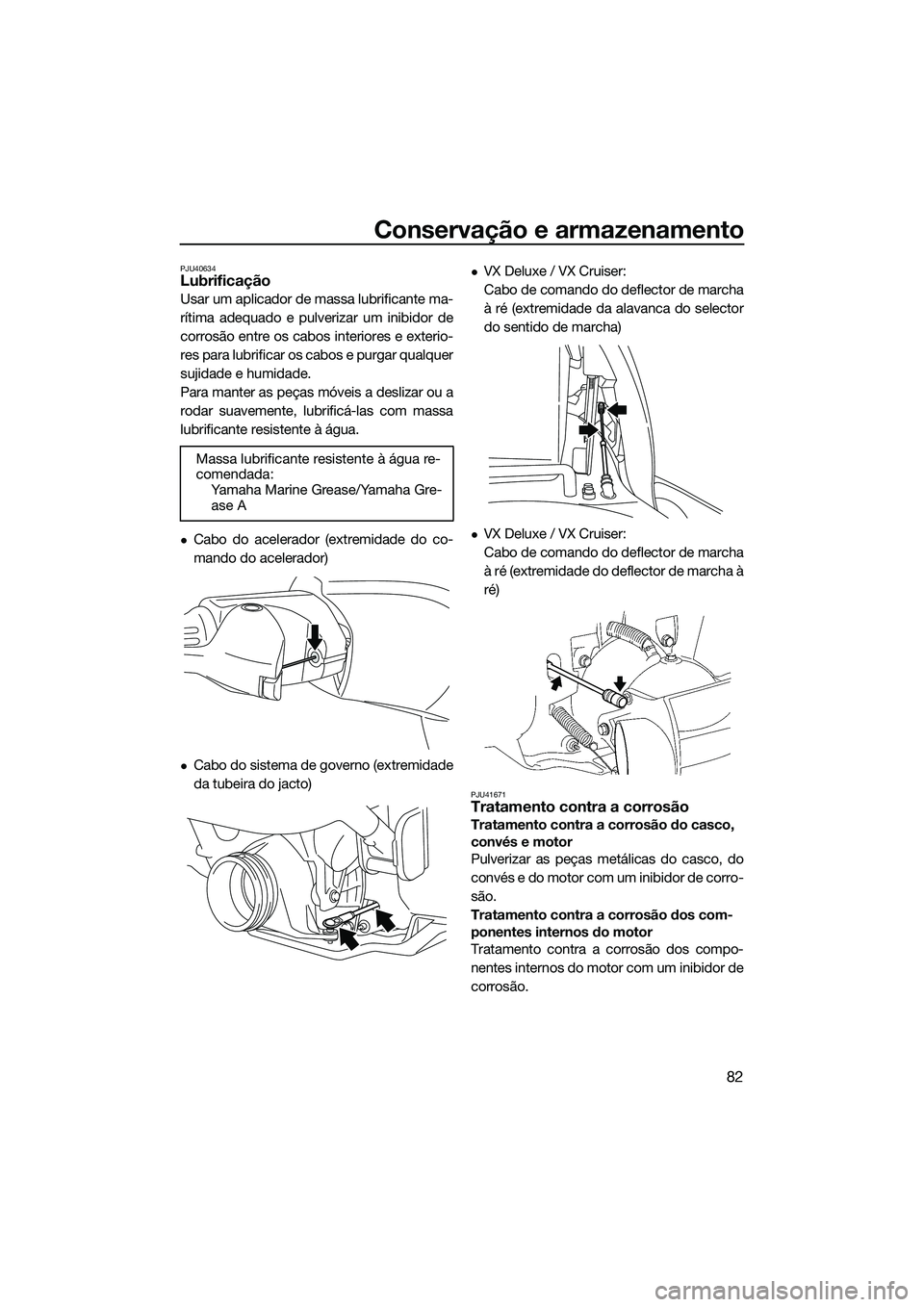 YAMAHA VX DELUXE 2014 Manual de utilização (in Portuguese) Conservação e armazenamento
82
PJU40634Lubrificação
Usar um aplicador de massa lubrificante ma-
rítima adequado e pulverizar um inibidor de
corrosão entre os cabos interiores e exterio-
res para YAMAHA VX DELUXE 2014 Manual de utilização (in Portuguese) Conservação e armazenamento
82
PJU40634Lubrificação
Usar um aplicador de massa lubrificante ma-
rítima adequado e pulverizar um inibidor de
corrosão entre os cabos interiores e exterio-
res para