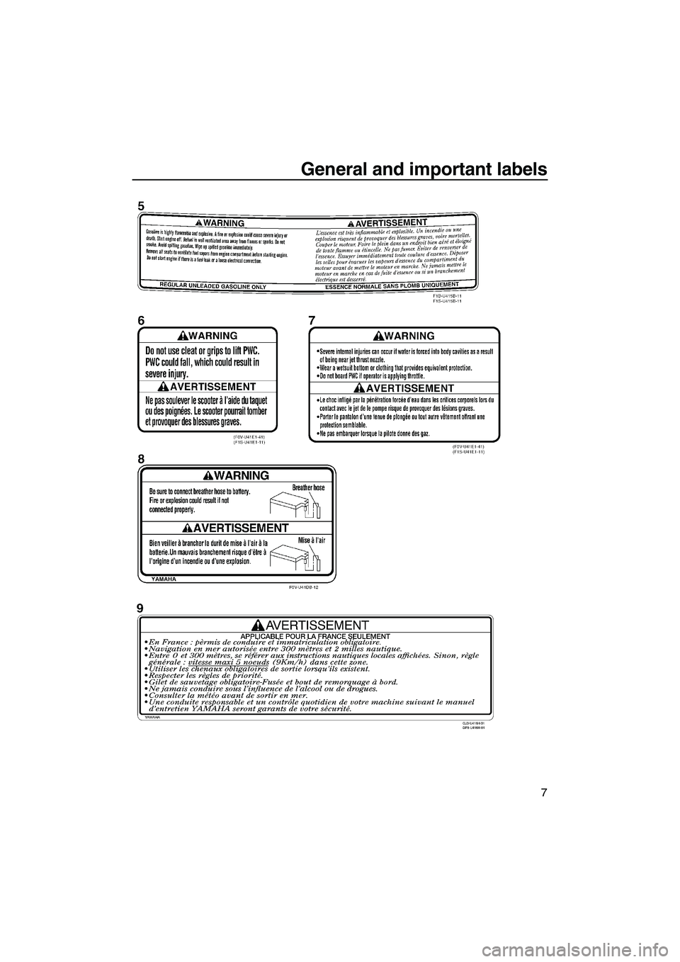 YAMAHA VX SPORT 2013 User Guide General and important labels
7
UF2P70E0.book  Page 7  Tuesday, July 31, 2012  1:48 PM 