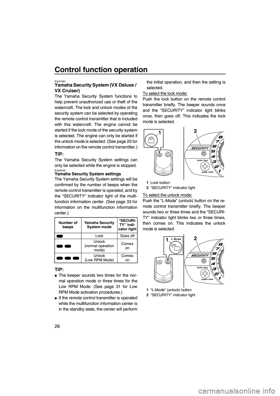 YAMAHA VX SPORT 2013  Owners Manual Control function operation
26
EJU31384Yamaha Security System (VX Deluxe / VX Cruiser) 
The Yamaha Security System functions to
help prevent unauthorized use or theft of the
watercraft. The lock and un