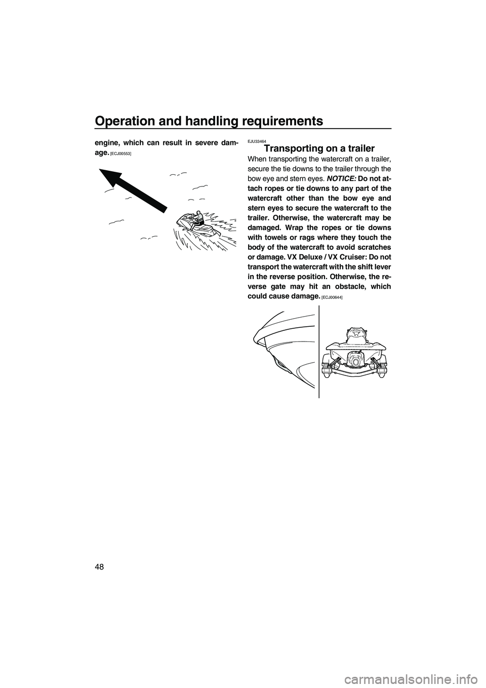 YAMAHA VX DELUXE 2013 Workshop Manual Operation and handling requirements
48
engine, which can result in severe dam-
age.
 [ECJ00553]EJU33464Transporting on a trailer 
When transporting the watercraft on a trailer,
secure the tie downs to