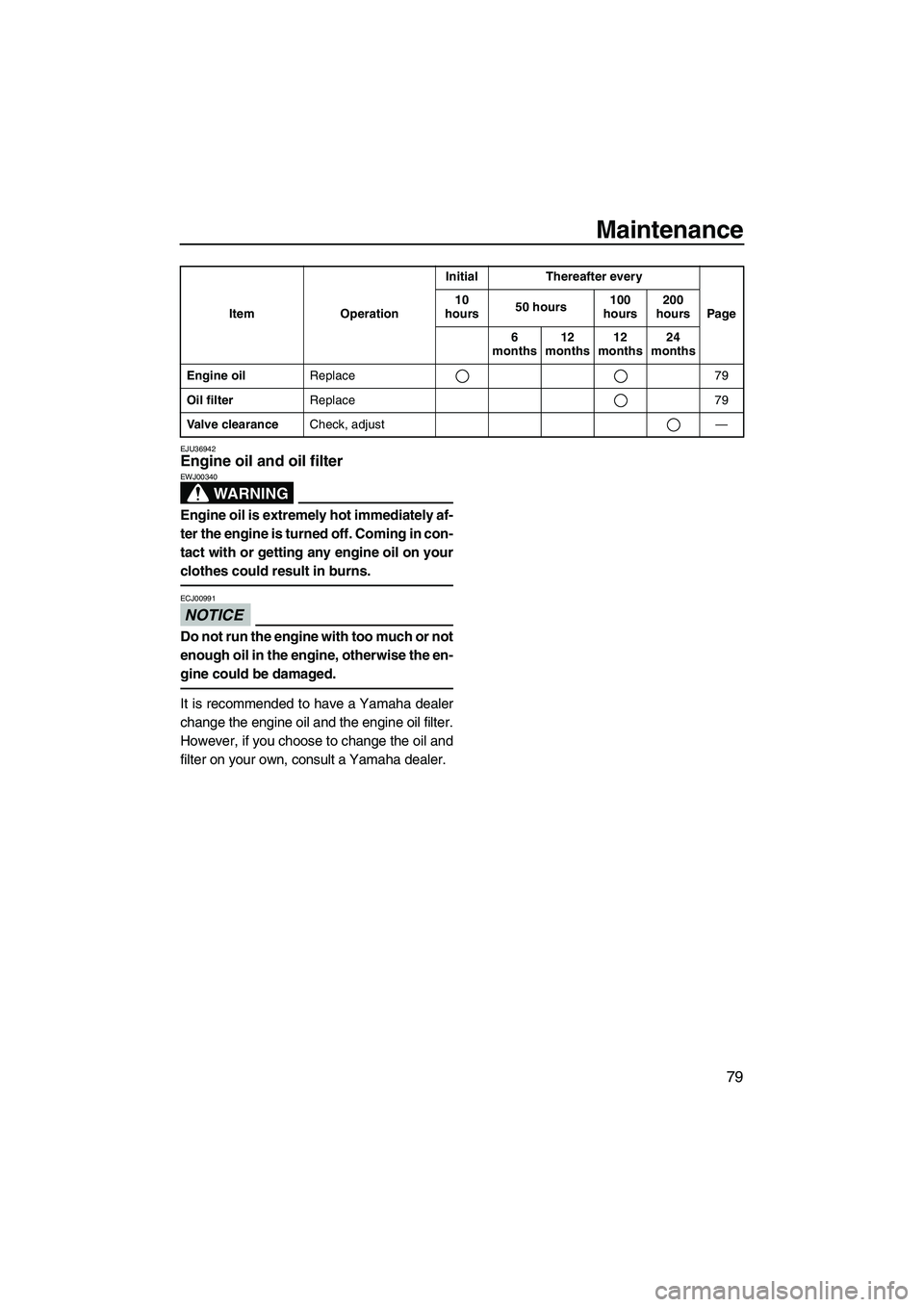 YAMAHA VX DELUXE 2013 Manual Online Maintenance
79
EJU36942Engine oil and oil filter
WARNING
EWJ00340
Engine oil is extremely hot immediately af-
ter the engine is turned off. Coming in con-
tact with or getting any engine oil on your
YAMAHA VX DELUXE 2013 Manual Online Maintenance
79
EJU36942Engine oil and oil filter
WARNING
EWJ00340
Engine oil is extremely hot immediately af-
ter the engine is turned off. Coming in con-
tact with or getting any engine oil on your