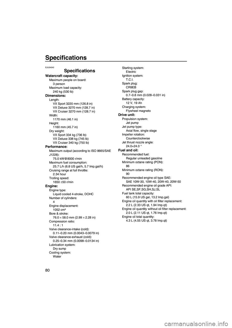 YAMAHA VX CRUISER 2013  Owners Manual Specifications
80
EJU34542
Specifications
Watercraft capacity:
Maximum people on board:3 person
Maximum load capacity: 240 kg (530 lb)
Dimensions:
Length:
VX Sport 3220 mm (126.8 in)
VX Deluxe 3270 mm
