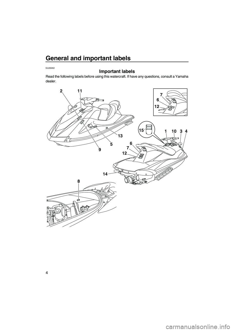 YAMAHA VX DELUXE 2013 Owners Manual General and important labels
4
EJU30452
Important labels
Read the following labels before using this watercraft. If have any questions, consult a Yamaha
dealer.
2
14
8
12
6
7
15
6
7
12
11034
11
9
5
1 YAMAHA VX DELUXE 2013 Owners Manual General and important labels
4
EJU30452
Important labels
Read the following labels before using this watercraft. If have any questions, consult a Yamaha
dealer.
2
14
8
12
6
7
15
6
7
12
11034
11
9
5
1