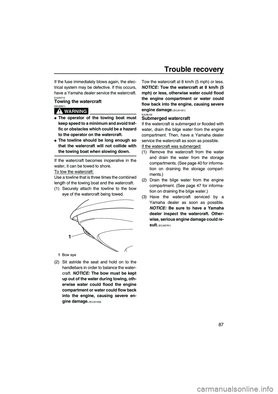 YAMAHA VX DELUXE 2013 Owners Manual Trouble recovery
87
If the fuse immediately blows again, the elec-
trical system may be defective. If this occurs,
have a Yamaha dealer service the watercraft.
EJU34715Towing the watercraft
WARNING
E YAMAHA VX DELUXE 2013 Owners Manual Trouble recovery
87
If the fuse immediately blows again, the elec-
trical system may be defective. If this occurs,
have a Yamaha dealer service the watercraft.
EJU34715Towing the watercraft
WARNING
E
