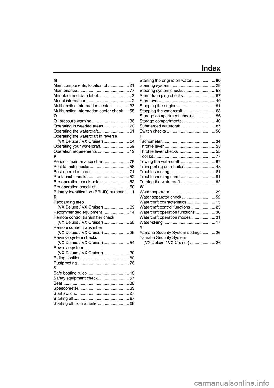 YAMAHA VX DELUXE 2013  Owners Manual Index
M
Main components, location of .................. 21
Maintenance............................................. 77
Manufactured date label............................. 2
Model information.........