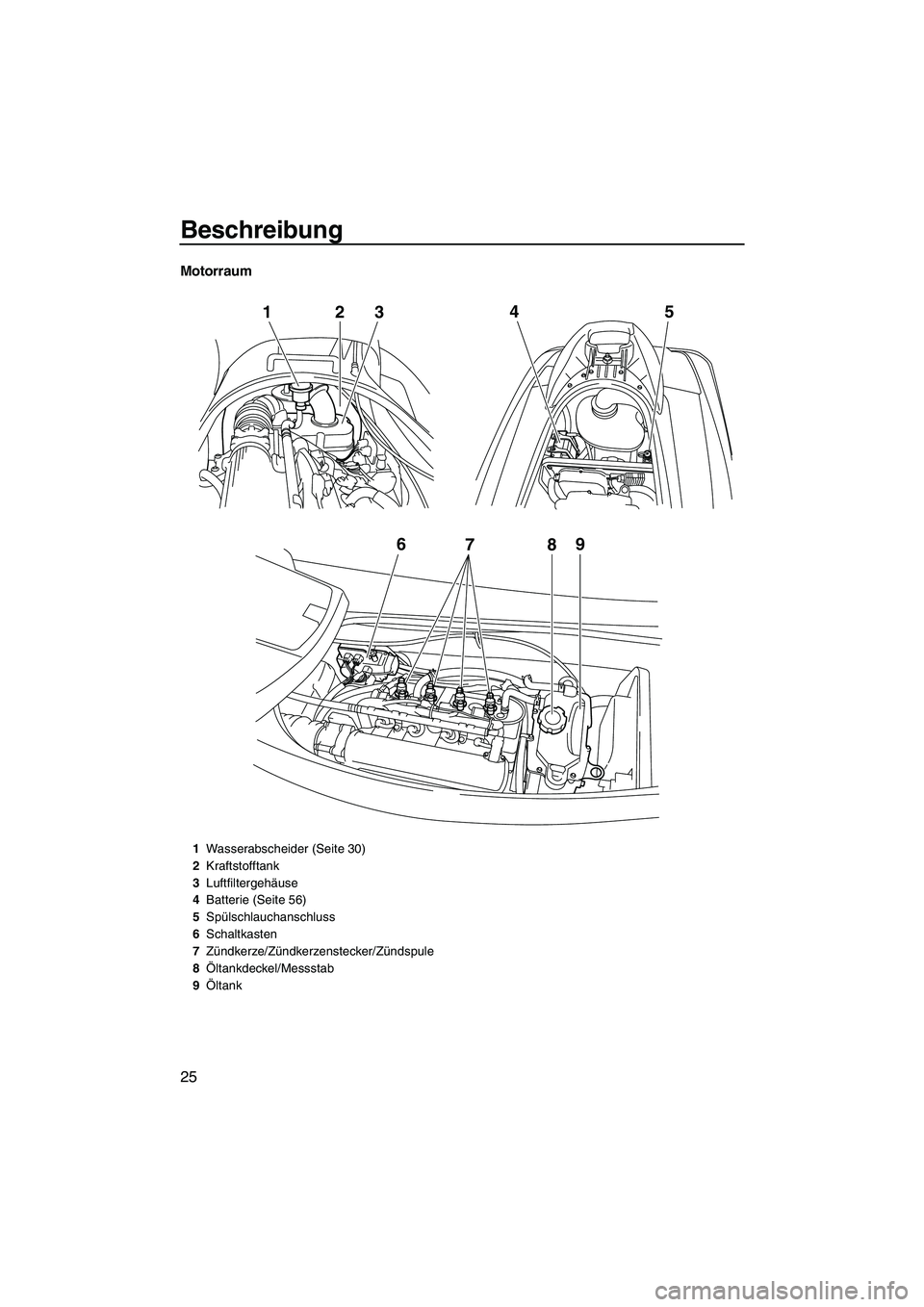 YAMAHA VX DELUXE 2013 Betriebsanleitungen (in German) Beschreibung
25
Motorraum
678 9
12
345
1Wasserabscheider (Seite 30)
2 Kraftstofftank
3 Luftfiltergehäuse
4 Batterie (Seite 56)
5 Spülschlauchanschluss
6 Schaltkasten
7 Zündkerze/Zündkerzenstecker/ YAMAHA VX DELUXE 2013 Betriebsanleitungen (in German) Beschreibung
25
Motorraum
678 9
12
345
1Wasserabscheider (Seite 30)
2 Kraftstofftank
3 Luftfiltergehäuse
4 Batterie (Seite 56)
5 Spülschlauchanschluss
6 Schaltkasten
7 Zündkerze/Zündkerzenstecker/