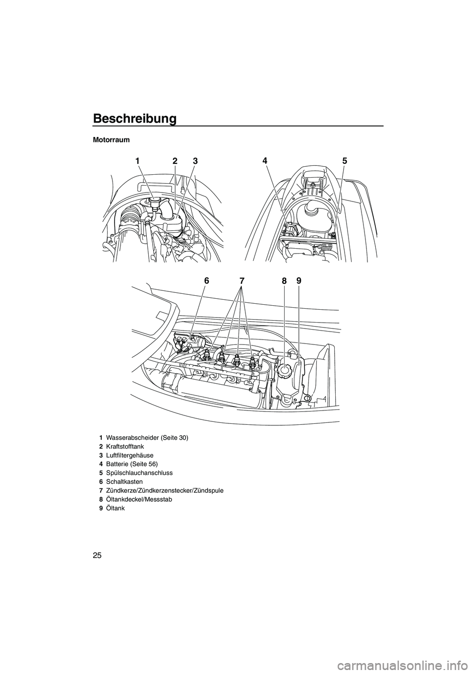 YAMAHA VX DELUXE 2013  Betriebsanleitungen (in German) Beschreibung
25
Motorraum
678 9
12
345
1Wasserabscheider (Seite 30)
2 Kraftstofftank
3 Luftfiltergehäuse
4 Batterie (Seite 56)
5 Spülschlauchanschluss
6 Schaltkasten
7 Zündkerze/Zündkerzenstecker/