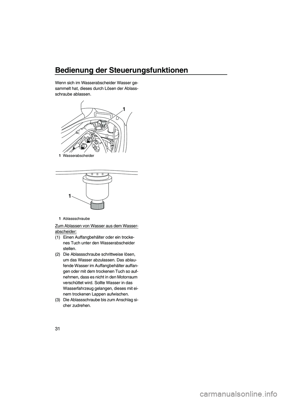 YAMAHA VX DELUXE 2013 Betriebsanleitungen (in German) Bedienung der Steuerungsfunktionen
31
Wenn sich im Wasserabscheider Wasser ge-
sammelt hat, dieses durch Lösen der Ablass-
schraube ablassen.
Zum Ablassen von Wasser aus dem Wasser-
abscheider:
(1) E YAMAHA VX DELUXE 2013 Betriebsanleitungen (in German) Bedienung der Steuerungsfunktionen
31
Wenn sich im Wasserabscheider Wasser ge-
sammelt hat, dieses durch Lösen der Ablass-
schraube ablassen.
Zum Ablassen von Wasser aus dem Wasser-
abscheider:
(1) E