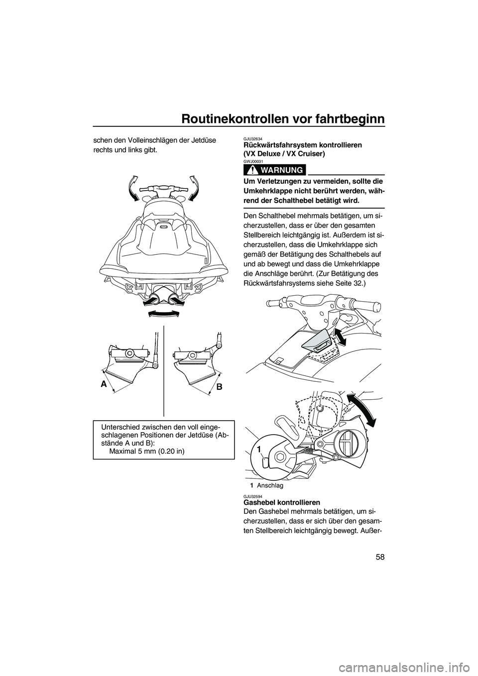YAMAHA VX SPORT 2013  Betriebsanleitungen (in German) Routinekontrollen vor fahrtbeginn
58
schen den Volleinschlägen der Jetdüse 
rechts und links gibt.GJU32634Rückwärtsfahrsystem kontrollieren 
(VX Deluxe / VX Cruiser) 
WARNUNG
GWJ00031
Um Verletzun