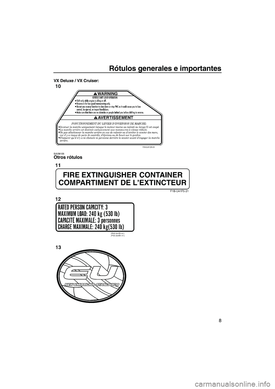 YAMAHA VX CRUISER 2013 Manuale de Empleo (in Spanish) Rótulos generales e importantes
8
VX Deluxe / VX Cruiser:
SJU36125Otros rótulos
UF2P70S0.book Page 8 Tuesday, July 24, 2012 11:08 AM YAMAHA VX CRUISER 2013 Manuale de Empleo (in Spanish) Rótulos generales e importantes
8
VX Deluxe / VX Cruiser:
SJU36125Otros rótulos
UF2P70S0.book Page 8 Tuesday, July 24, 2012 11:08 AM