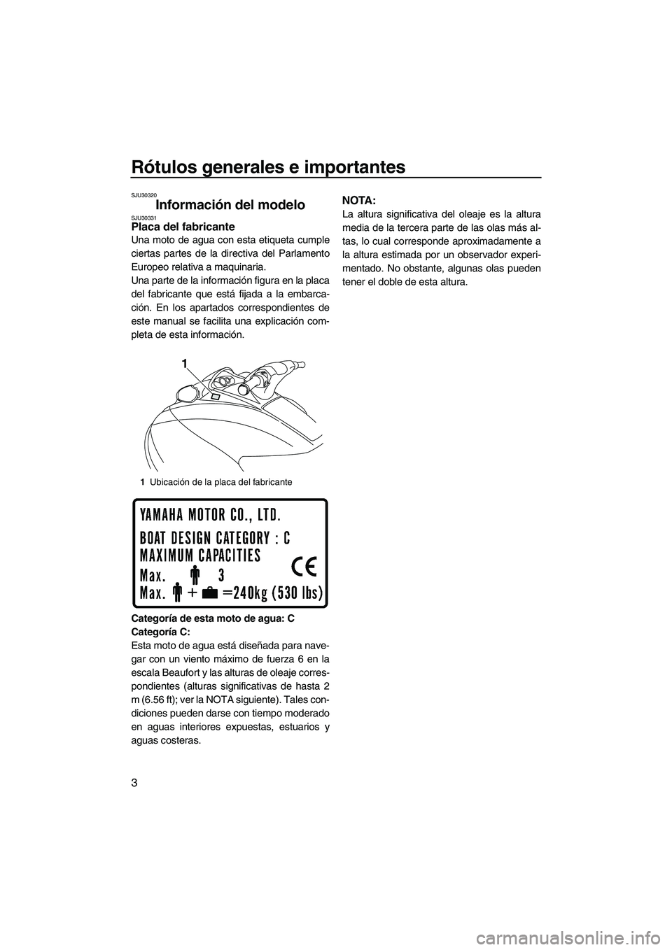 YAMAHA VX SPORT 2013  Manuale de Empleo (in Spanish) Rótulos generales e importantes
3
SJU30320
Información del modelo SJU30331Placa del fabricante 
Una moto de agua con esta etiqueta cumple
ciertas partes de la directiva del Parlamento
Europeo relati